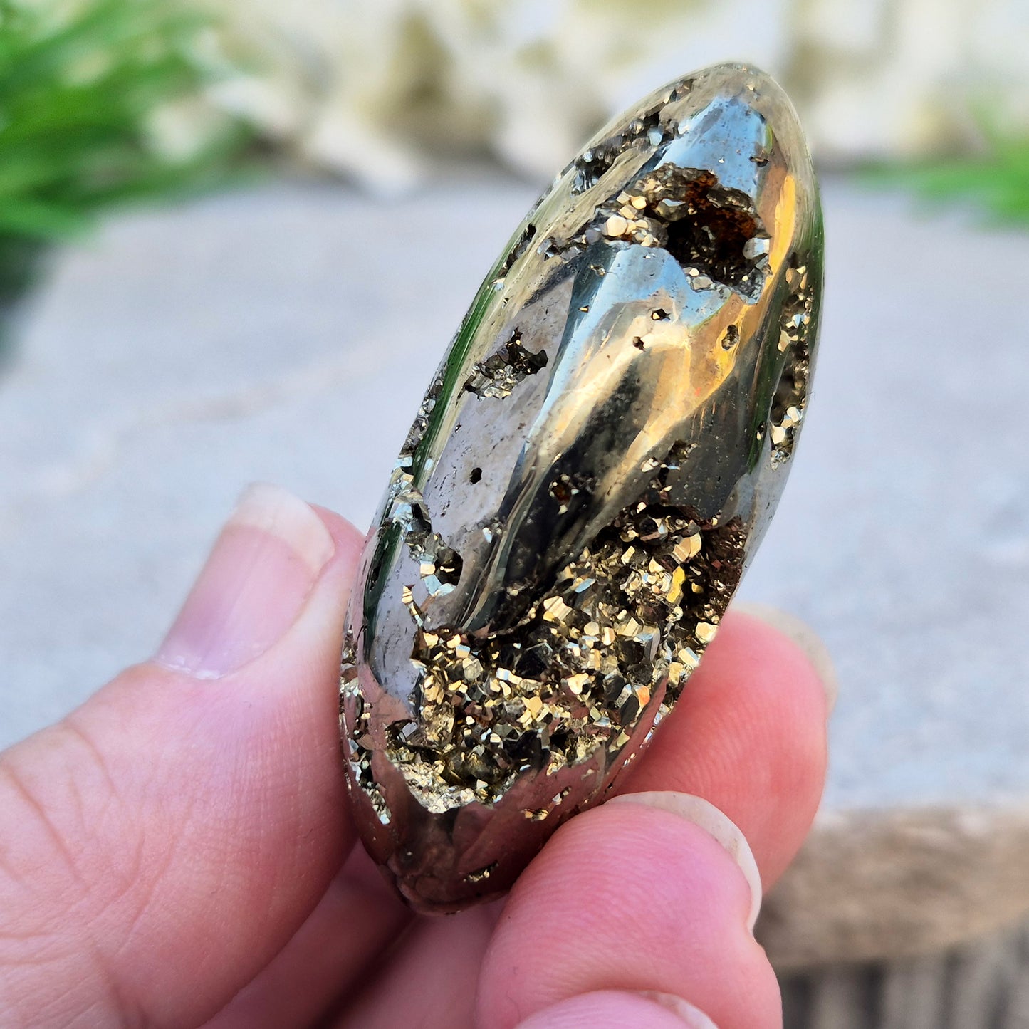 Pyrite palm stone from Peru perfect for boosting confidence, focus, and motivation. A solid, grounding piece to keep close for daily energy support.