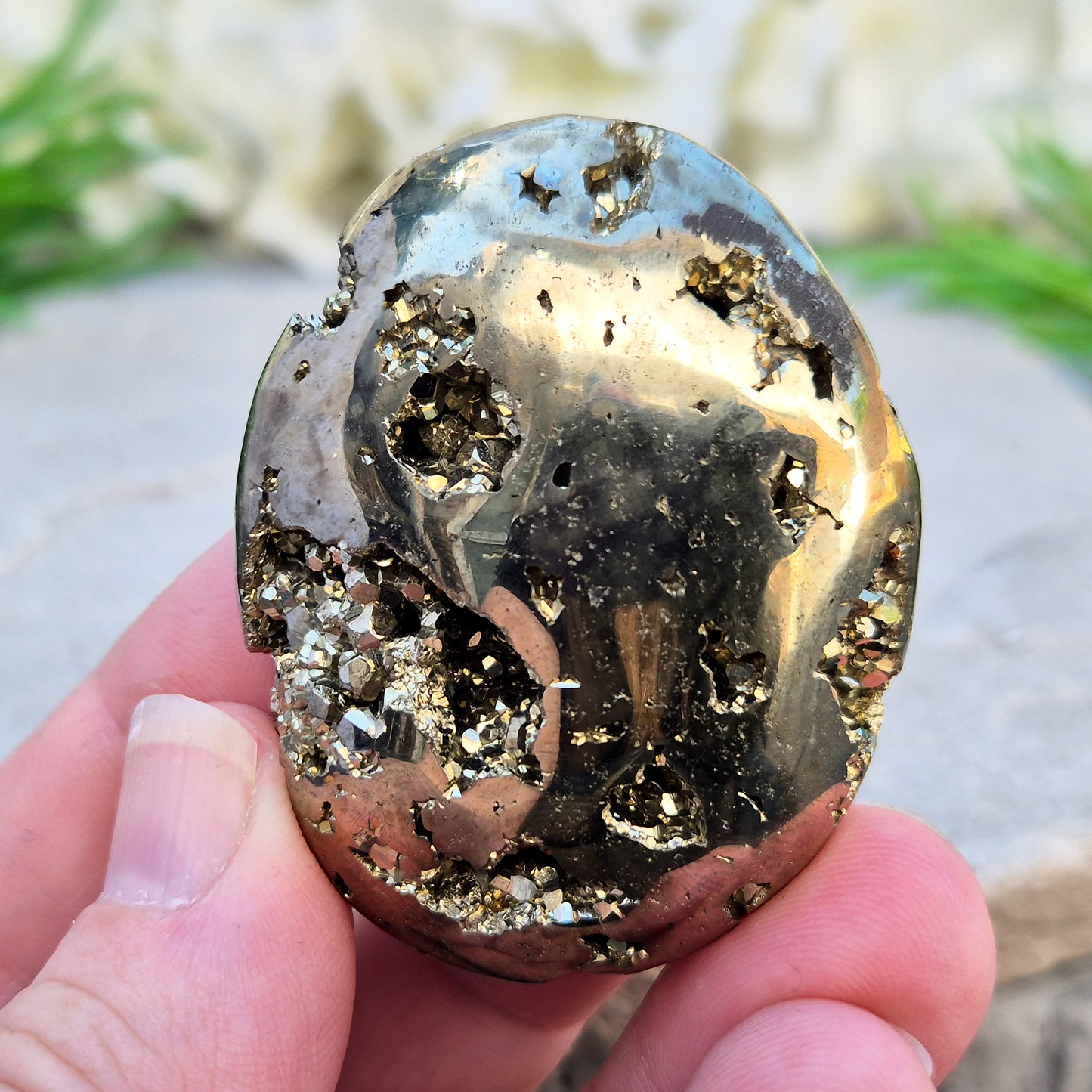 Pyrite palm stone from Peru perfect for boosting confidence, focus, and motivation. A solid, grounding piece to keep close for daily energy support.