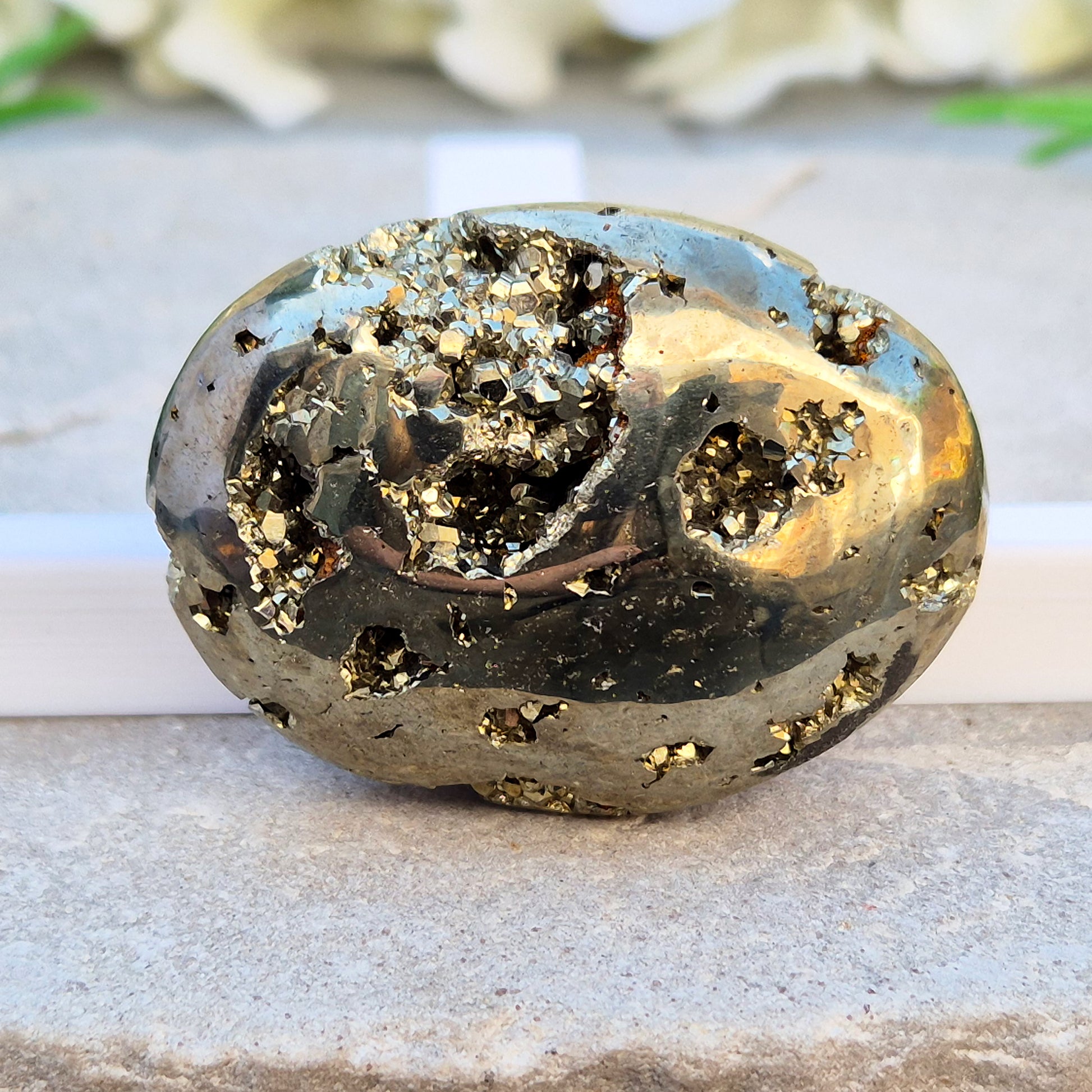Pyrite palm stone from Peru perfect for boosting confidence, focus, and motivation. A solid, grounding piece to keep close for daily energy support.