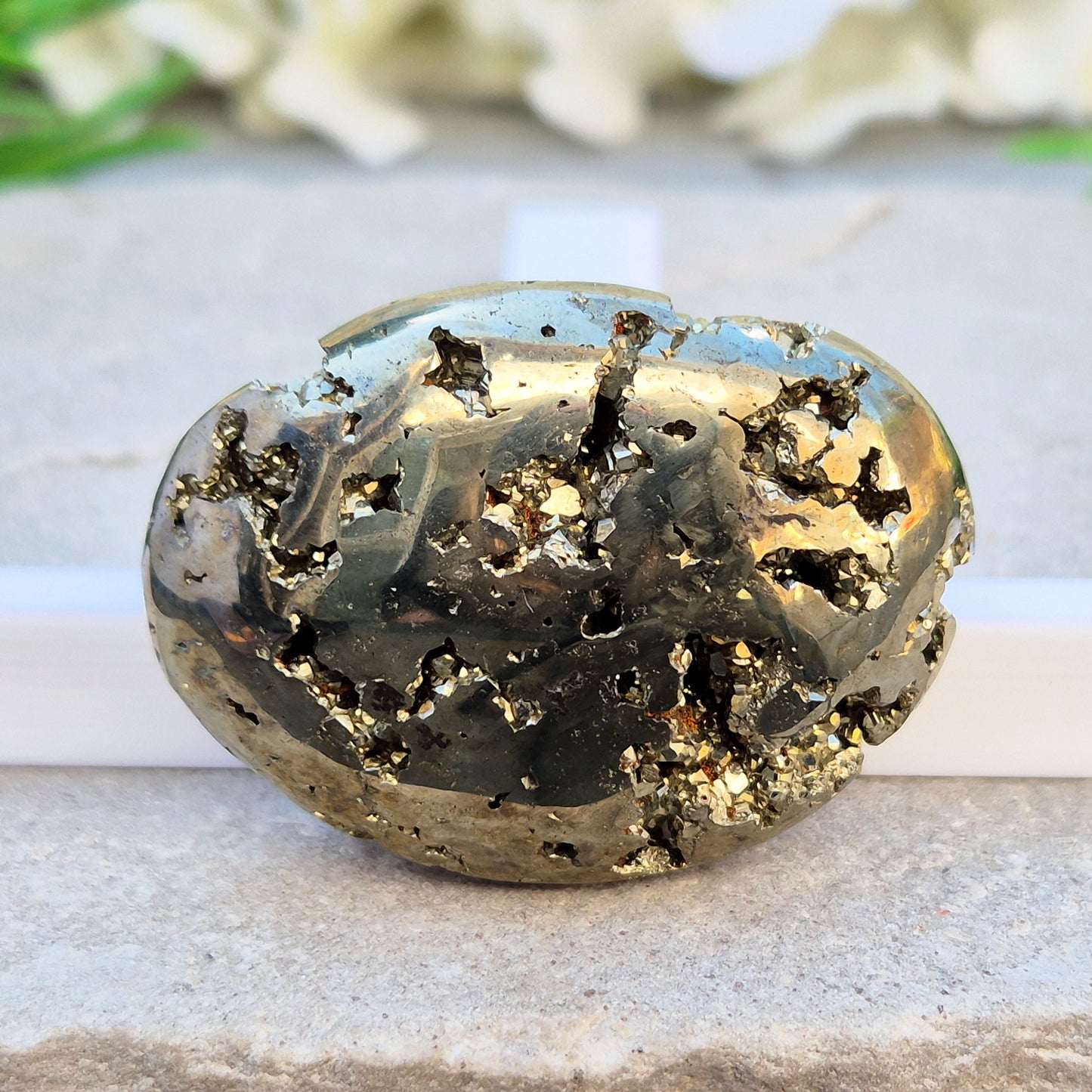 Pyrite palm stone from Peru perfect for boosting confidence, focus, and motivation. A solid, grounding piece to keep close for daily energy support.