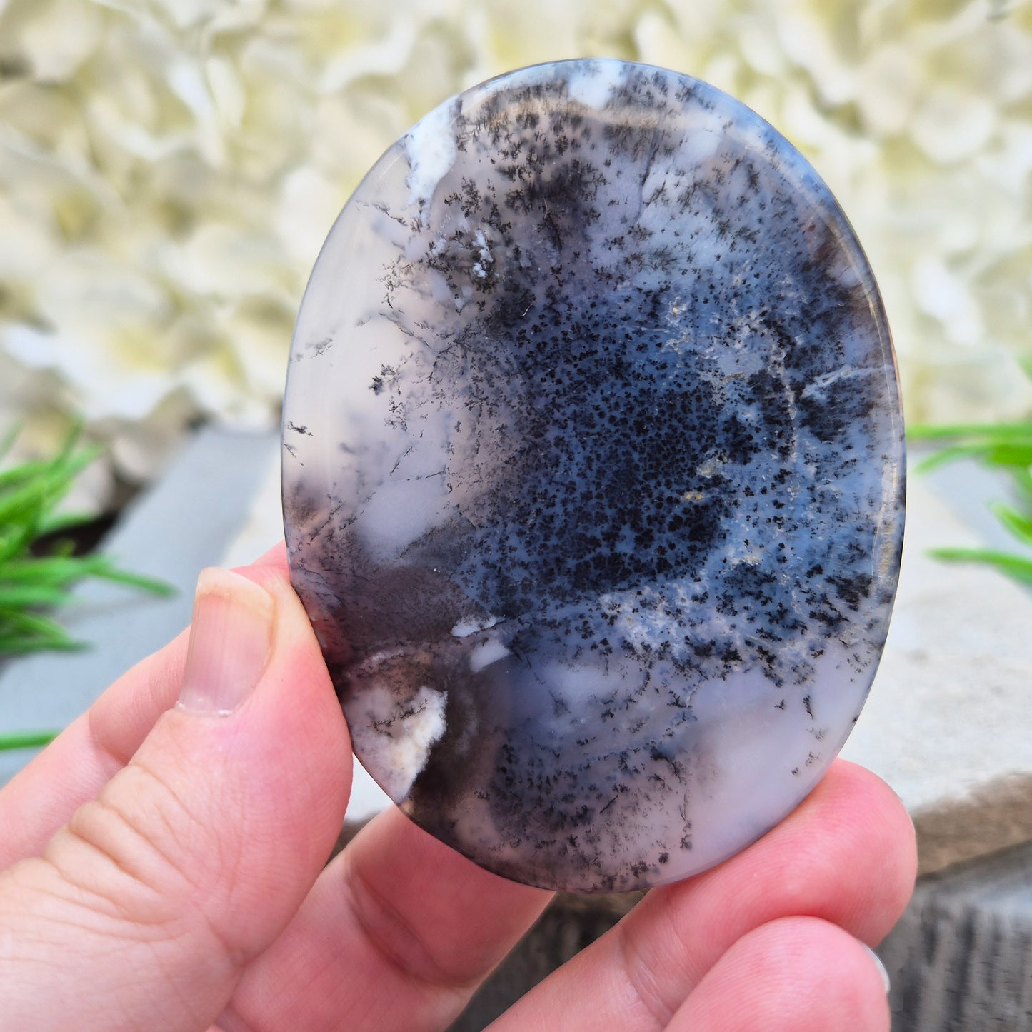 Merlinite Palm Stone - a grounding and intuitive crystal for meditation, inner balance and spiritual work. Smooth pocket stone for daily calm energy.