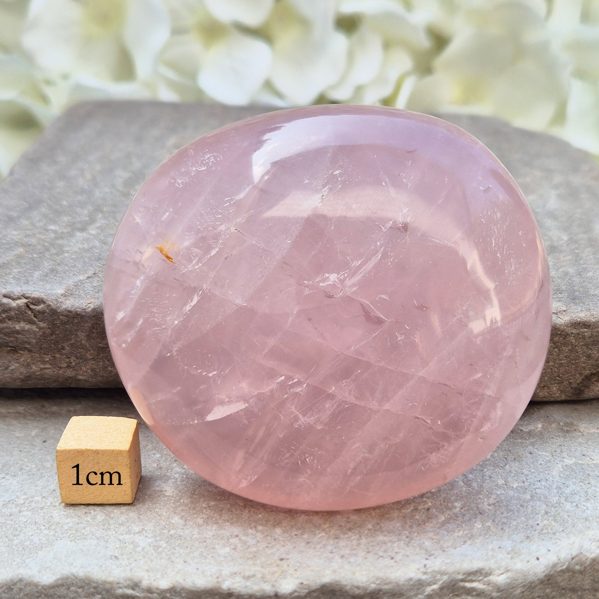 Large polished Rose Quartz palm stone with soft pink colouring and a smooth, rounded shape designed to sit naturally and comfortably in the hand.