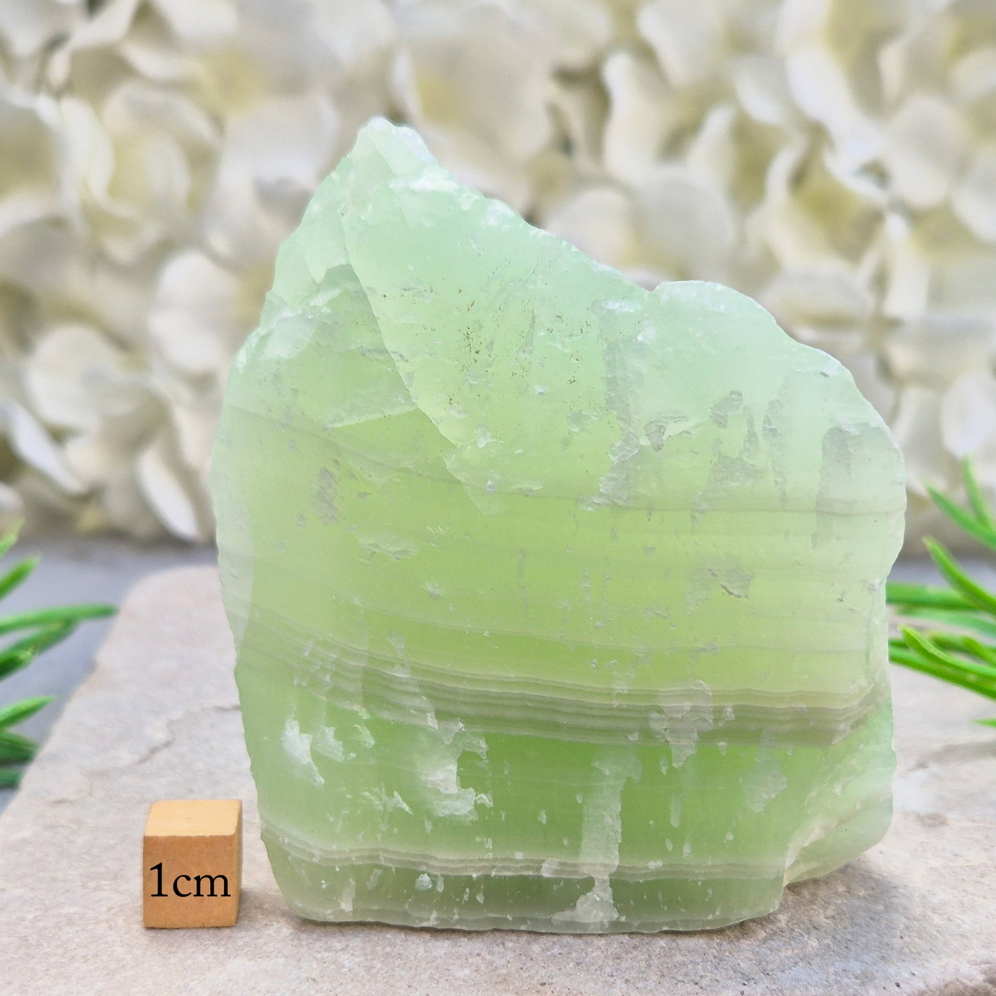 This natural self-standing Pistachio Calcite crystal comes from Pakistan and shows soft pale green to pistachio tones. This variety of Green Calcite gets its colouring from trace minerals embedded as the calcite formed.