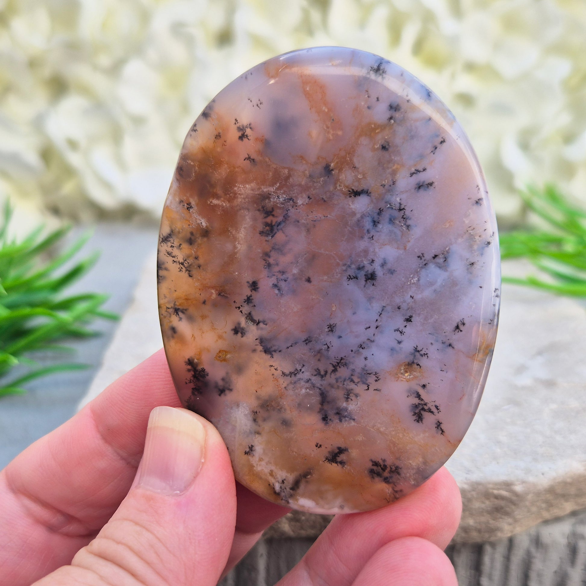 Merlinite Palm Stone - a grounding and intuitive crystal for meditation, inner balance and spiritual work. Smooth pocket stone for daily calm energy.