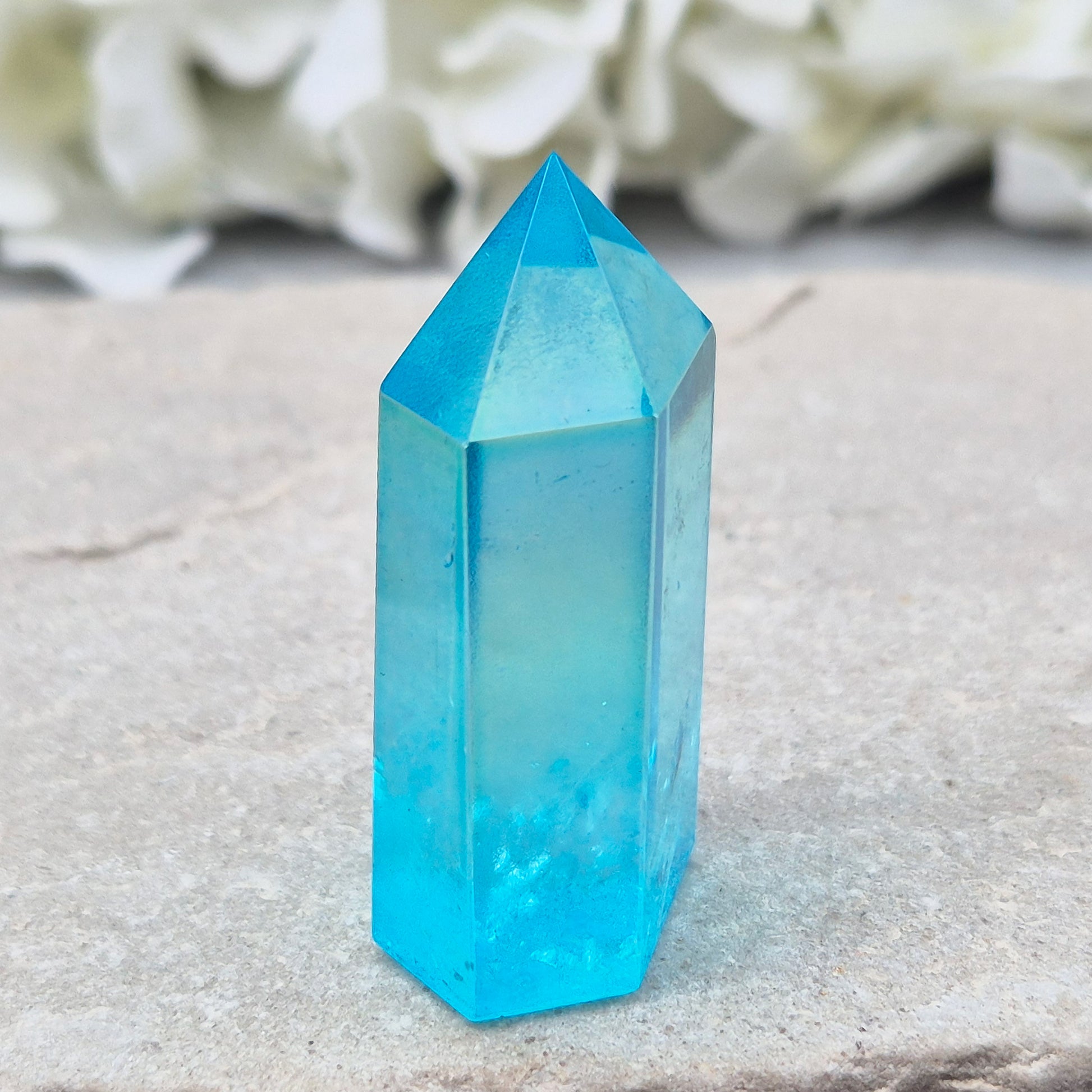 Striking Aqua Aura Point from Brazil. Gold-bonded Quartz for clarity, calm, and communication. High-vibe crystal to uplift and soothe the aura. 