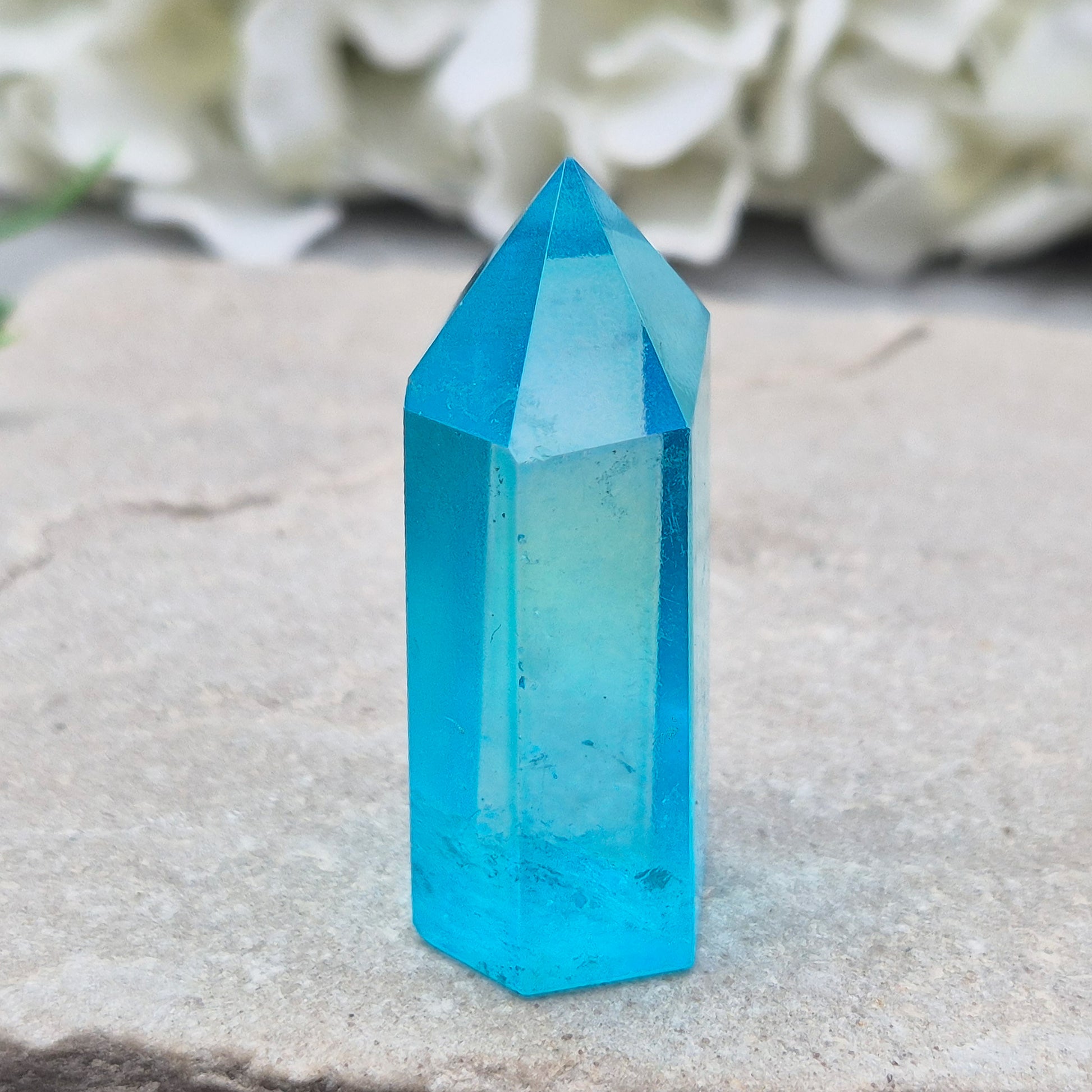 Striking Aqua Aura Point from Brazil. Gold-bonded Quartz for clarity, calm, and communication. High-vibe crystal to uplift and soothe the aura. 