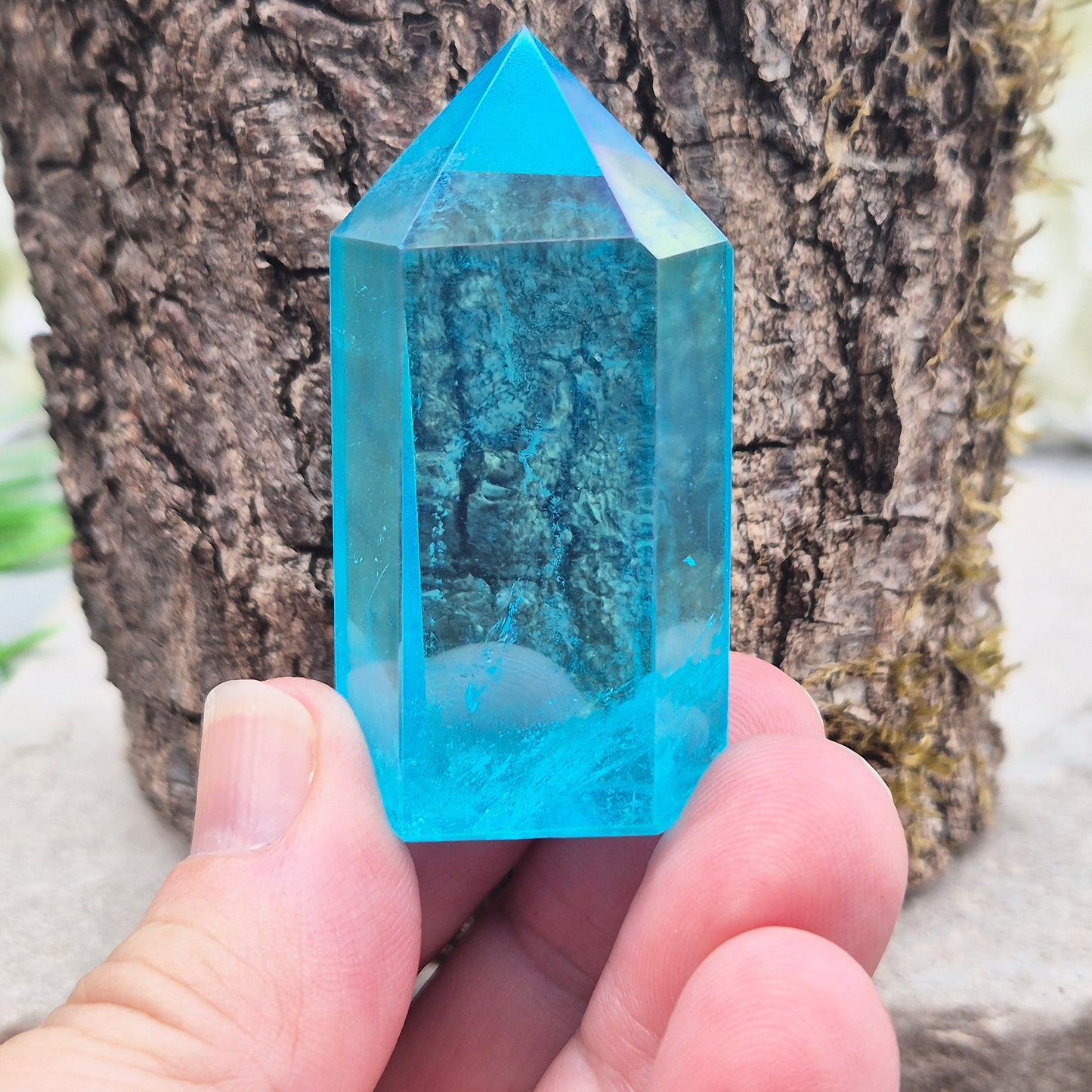 Striking Aqua Aura Point from Brazil. Gold-bonded Quartz for clarity, calm, and communication. High-vibe crystal to uplift and soothe the aura. 