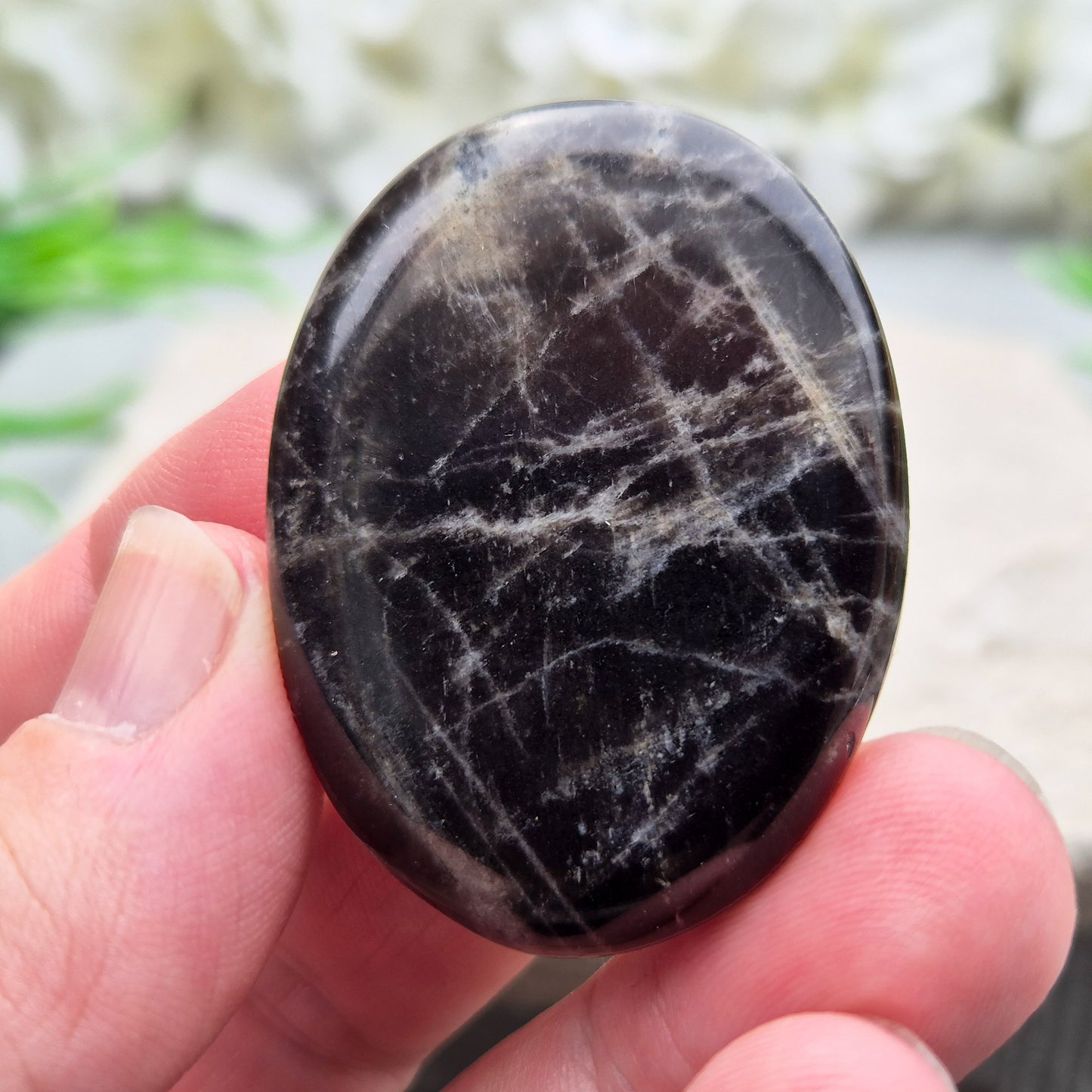 Black Moonstone, valued for its connection to the moon’s energy. Perfect for enhancing intuition, emotional healing, and balancing energy.
