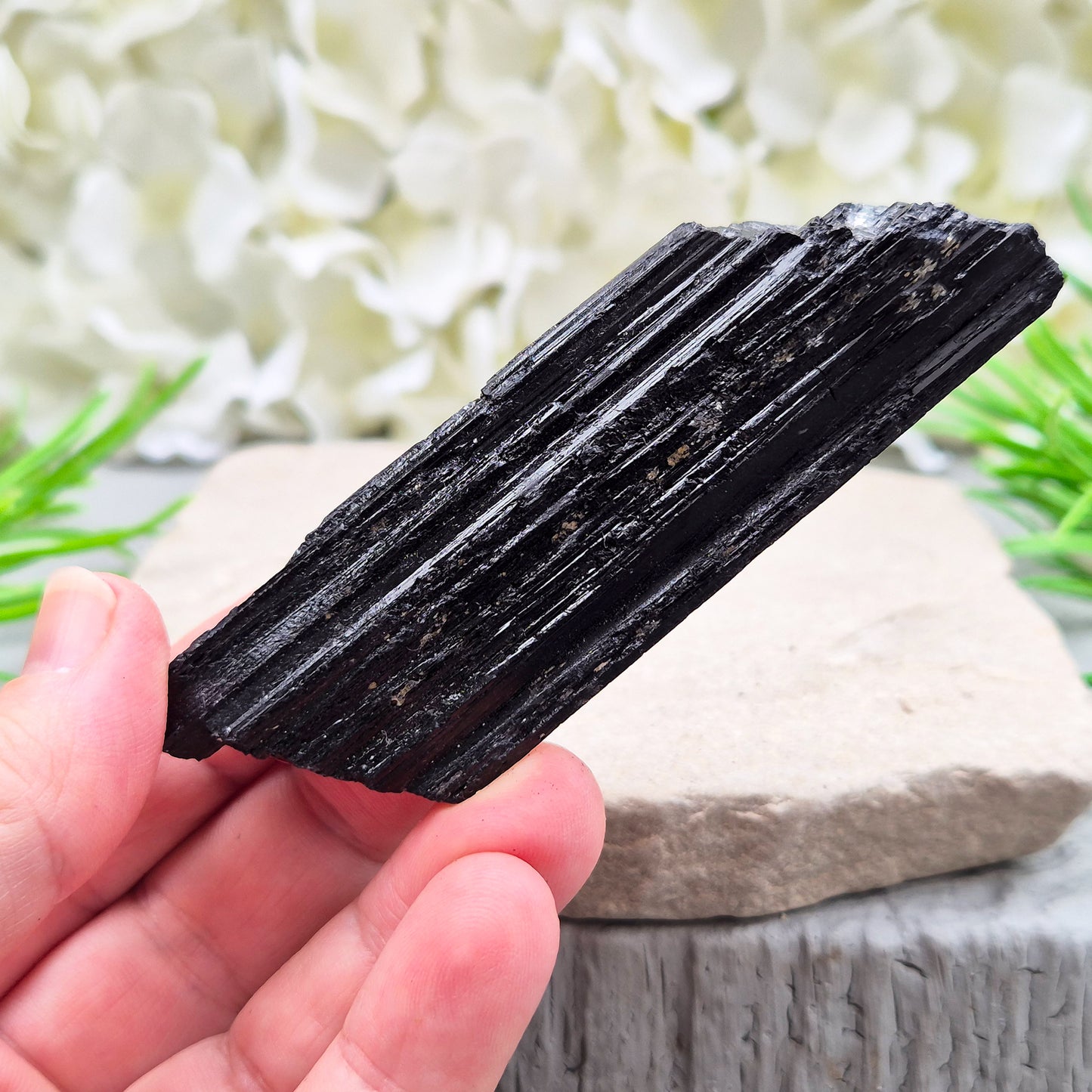Natural Black Tourmaline crystal. Strong protective crystal that helps you feel safe, calm, clear-minded, and emotionally strong.