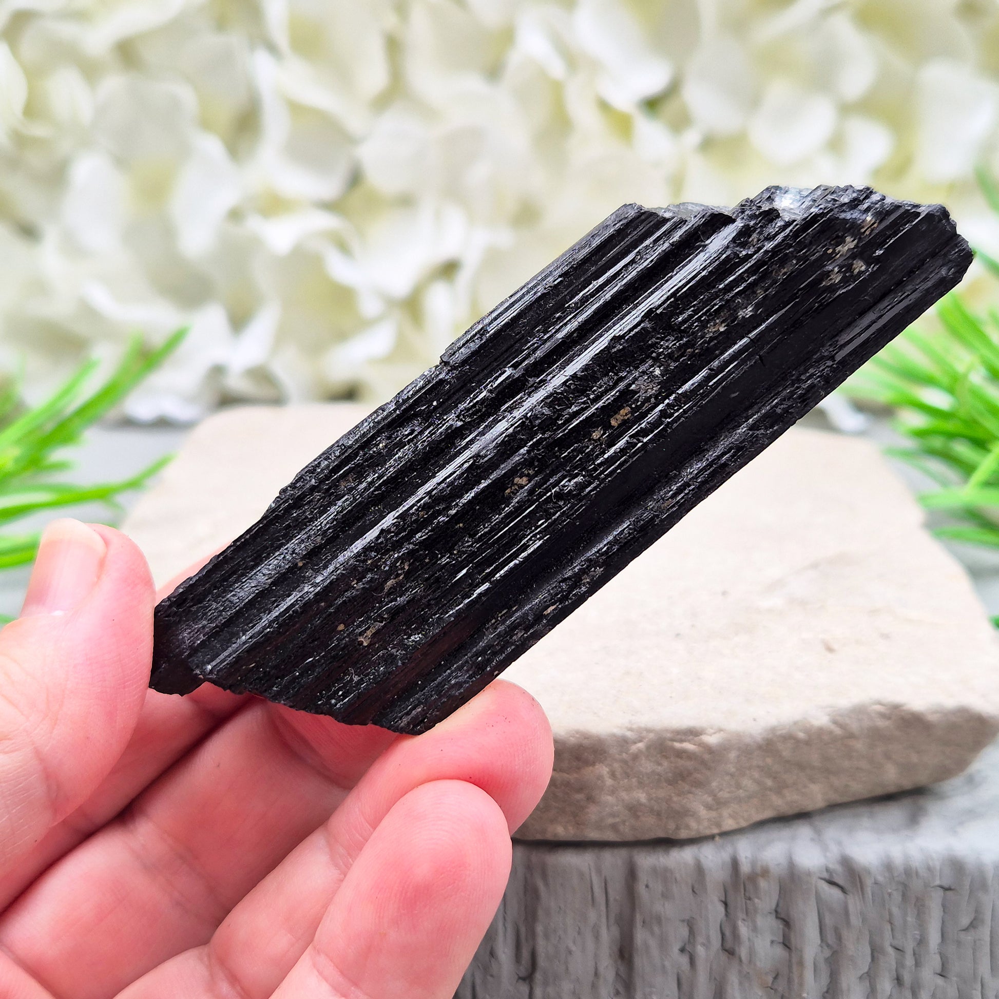 Natural Black Tourmaline crystal. Strong protective crystal that helps you feel safe, calm, clear-minded, and emotionally strong.