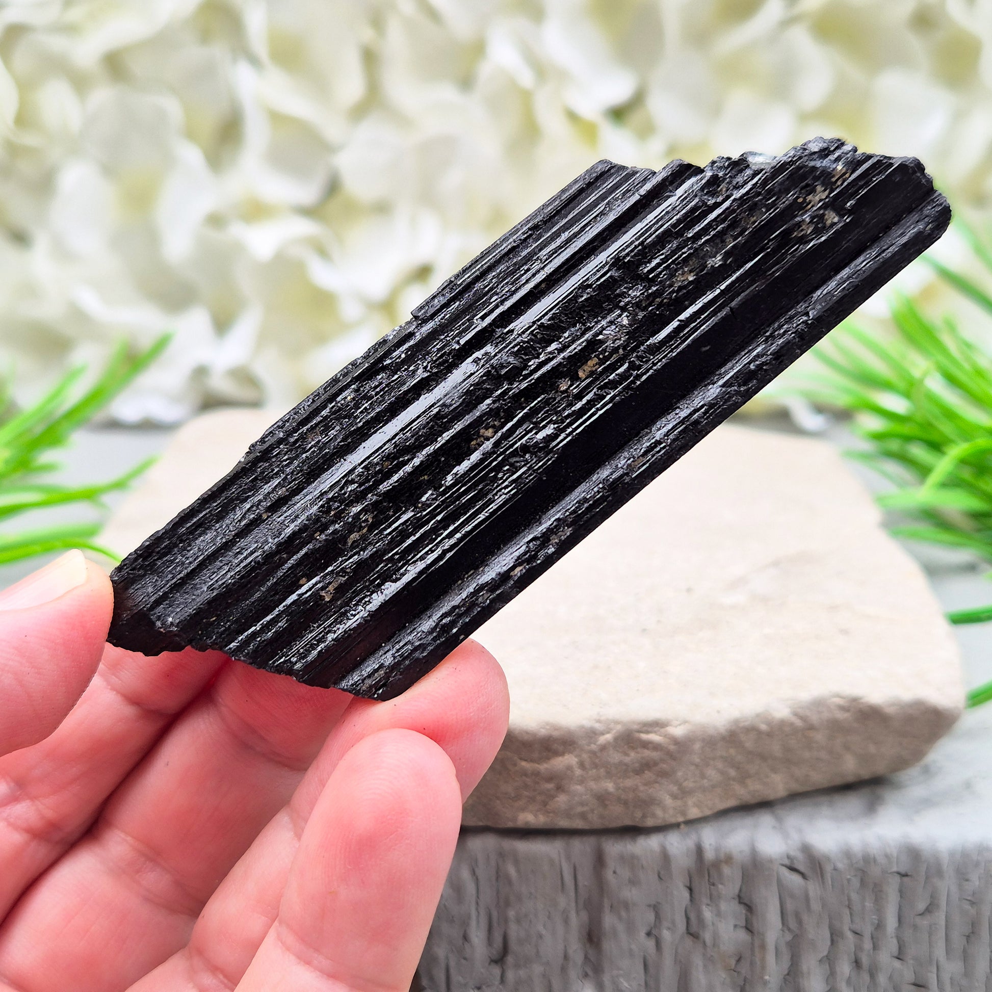 Natural Black Tourmaline crystal. Strong protective crystal that helps you feel safe, calm, clear-minded, and emotionally strong.