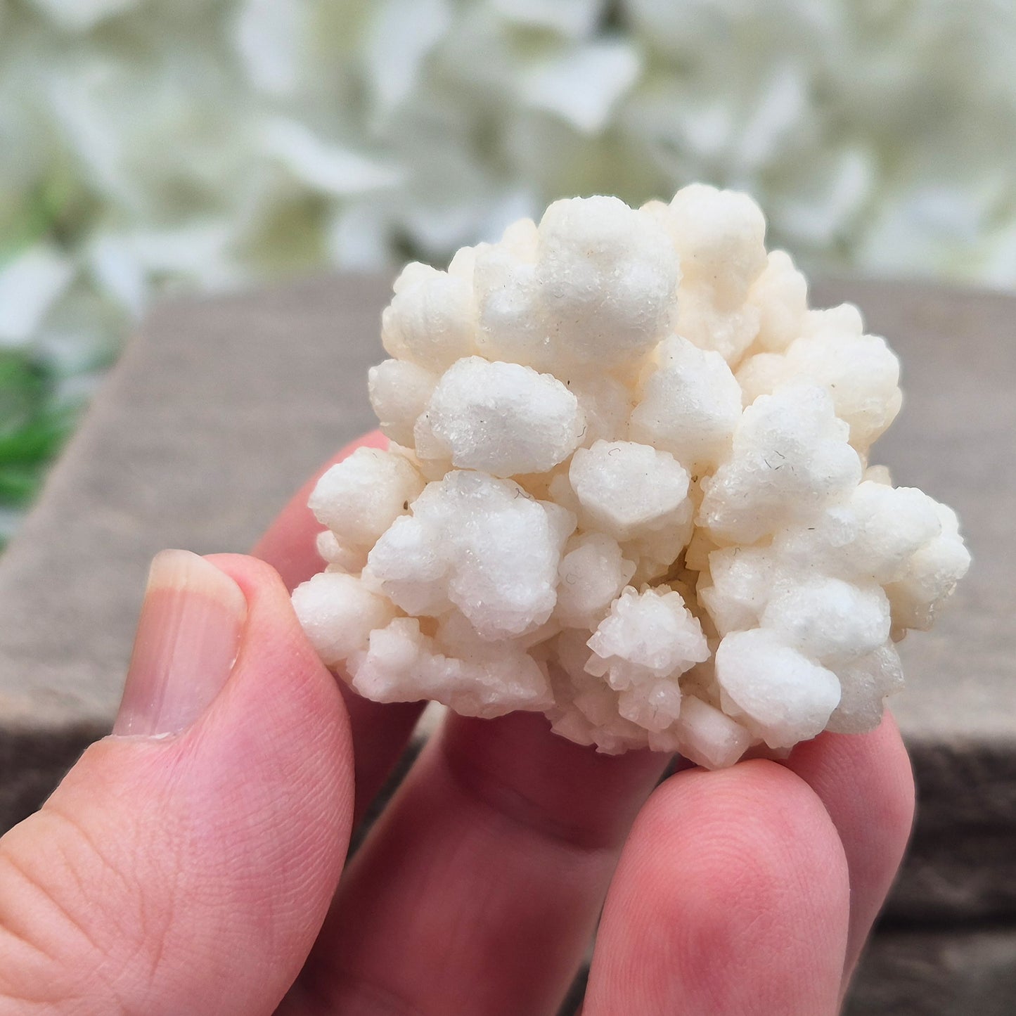 This unusual Cave Calcite formation — often called Cave Popcorn or Coralloid Aragonite — is actually a natural form of Aragonite, not true calcite. It forms in ancient cave environments where mineral-rich water slowly builds soft, rounded clusters over thousands of years. This piece has a shiny surface.