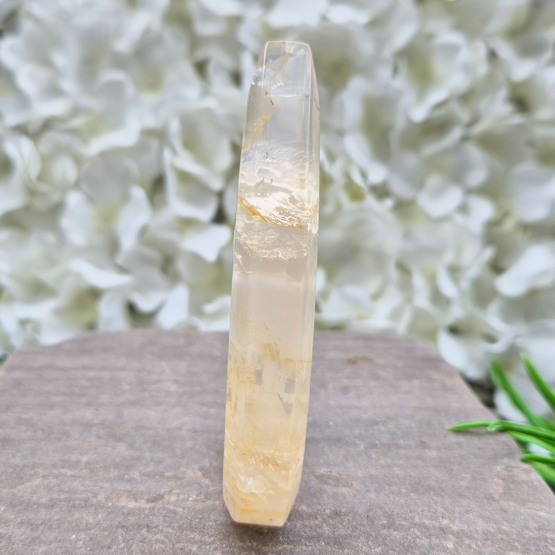 Golden Healer Quartz Teardrop – polished self-standing crystal with golden hematoid inclusions. Brazilian quartz for meditation, altars & spiritual guidance.