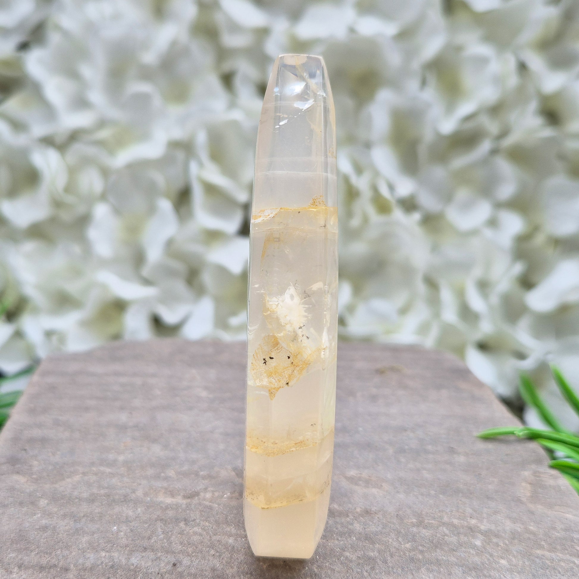 Golden Healer Quartz Teardrop – polished self-standing crystal with golden hematoid inclusions. Brazilian quartz for meditation, altars & spiritual guidance.