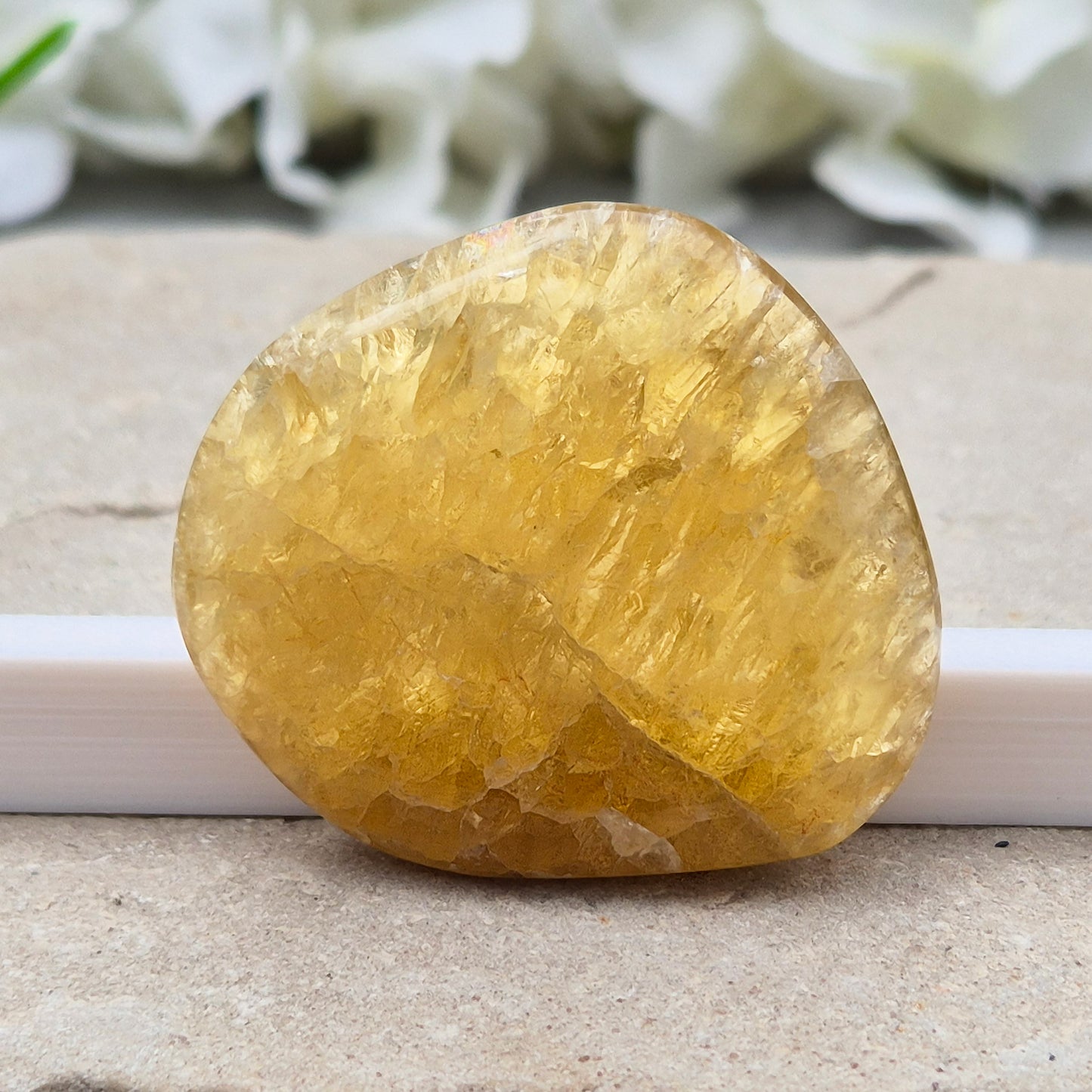 Honey Calcite Crystal Palm Stone, sometimes refered to as Golden Calcite or Amber Calcite. A smooth, pocket-sized palm stone in warm honey-gold tones, ranging from pale lemon-yellow to deep amber.