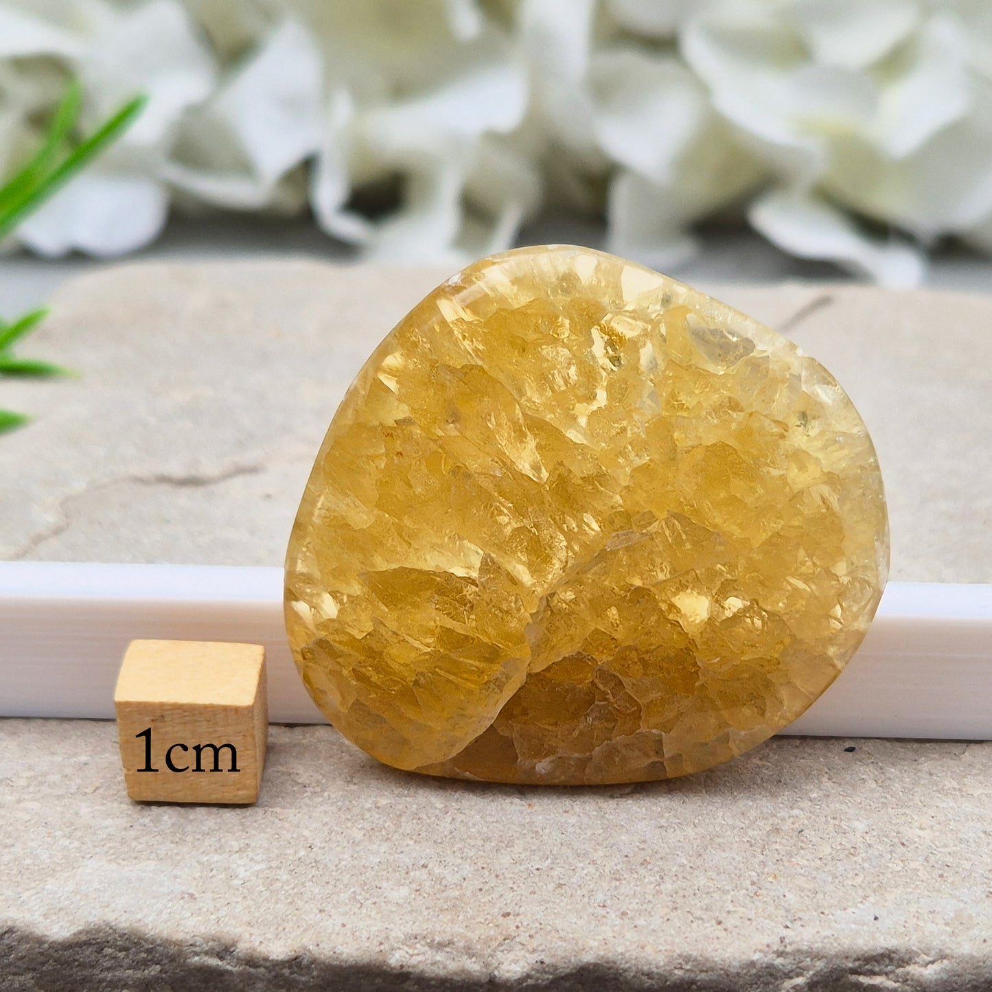 Honey Calcite Crystal Palm Stone, sometimes refered to as Golden Calcite or Amber Calcite. A smooth, pocket-sized palm stone in warm honey-gold tones, ranging from pale lemon-yellow to deep amber.