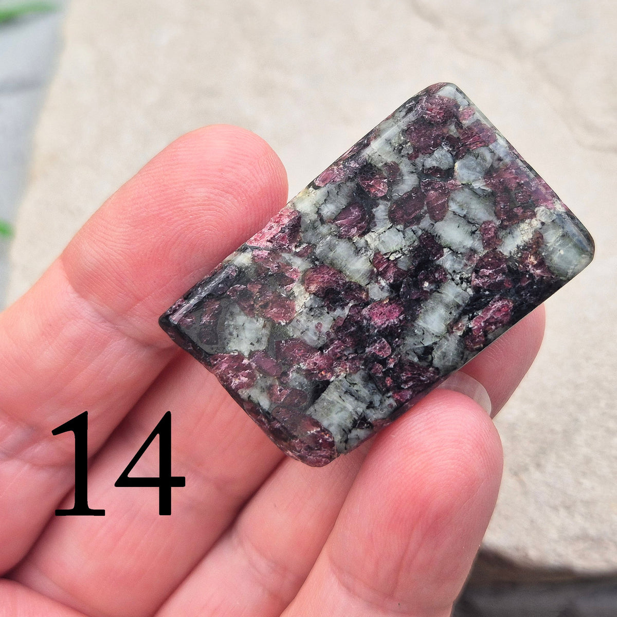Polished Eudialyte flat stone from Greenland with rich red and pink tones. Associated with emotional steadiness, heart support, and grounded change.