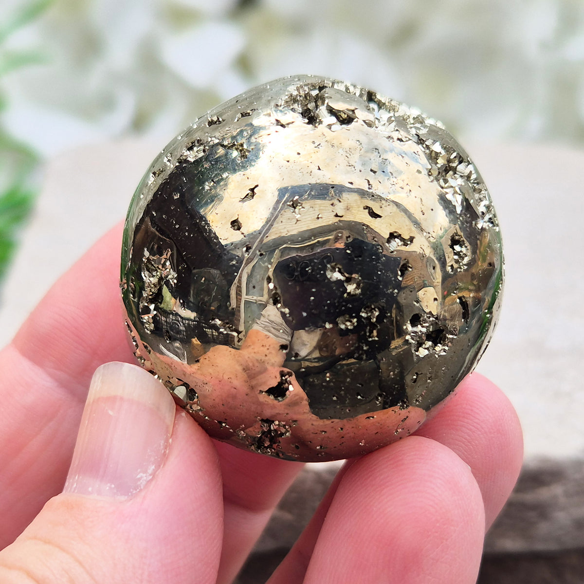 genuine Pyrite crystal sphere from Peru. Known for confidence, motivation, protection, abundance, and energising workspace energy.