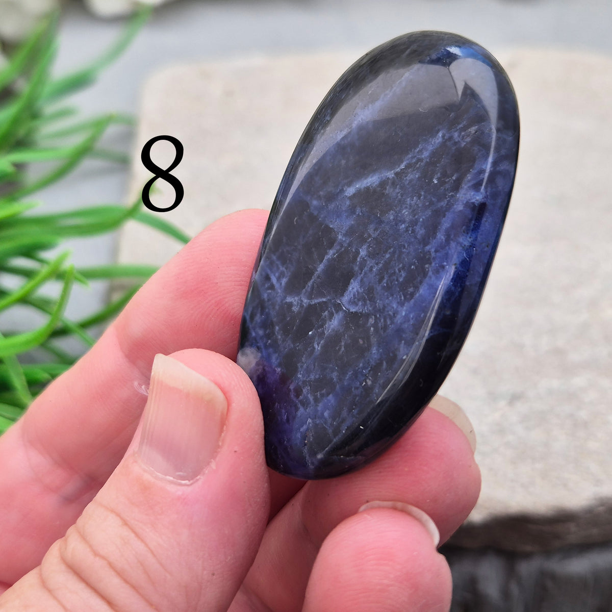 Beautiful A-grade Sodalite palm stone from Namibia. Supports clear thinking, confidence in communication, and emotional calm. Throat & Third Eye chakra crystal.