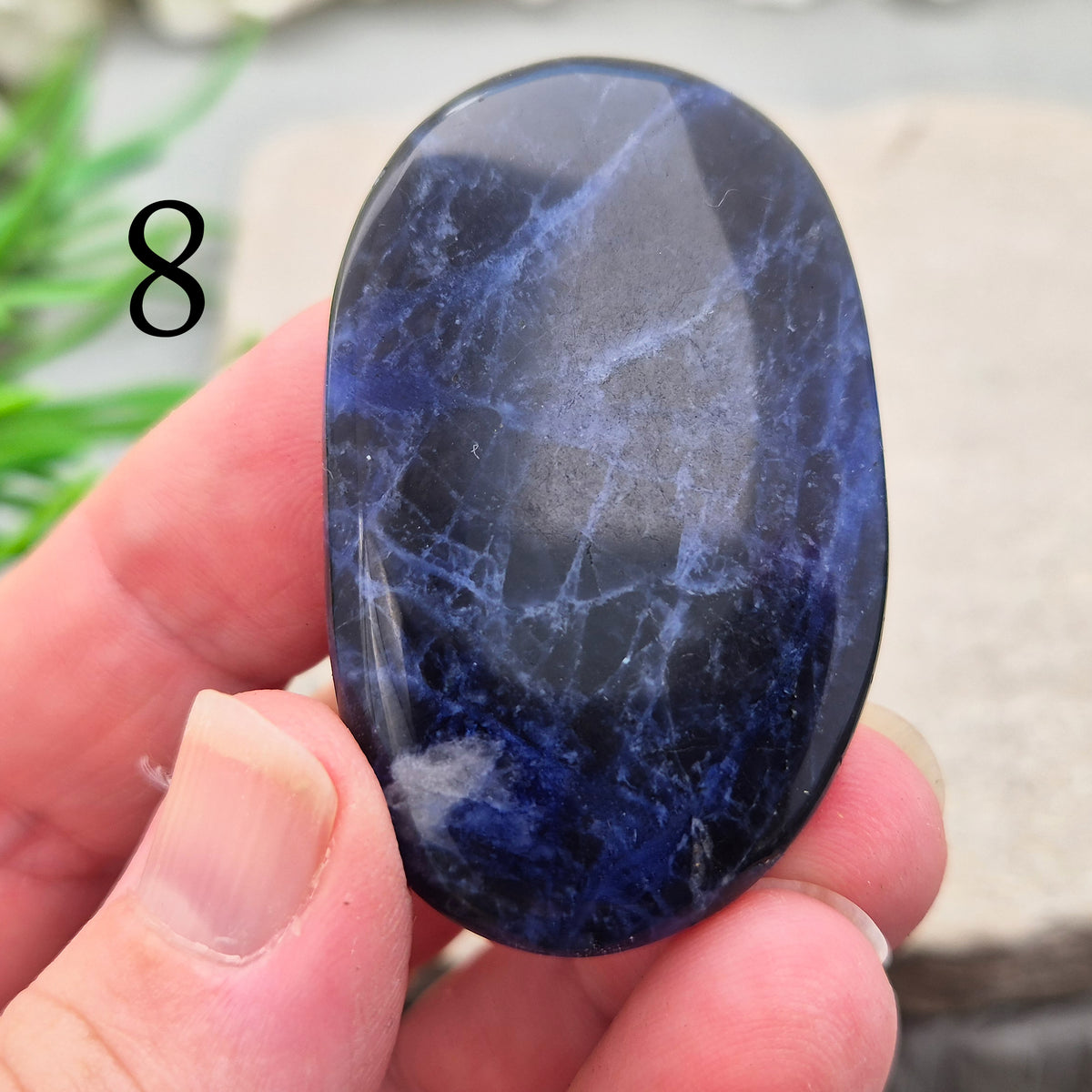 Beautiful A-grade Sodalite palm stone from Namibia. Supports clear thinking, confidence in communication, and emotional calm. Throat & Third Eye chakra crystal.