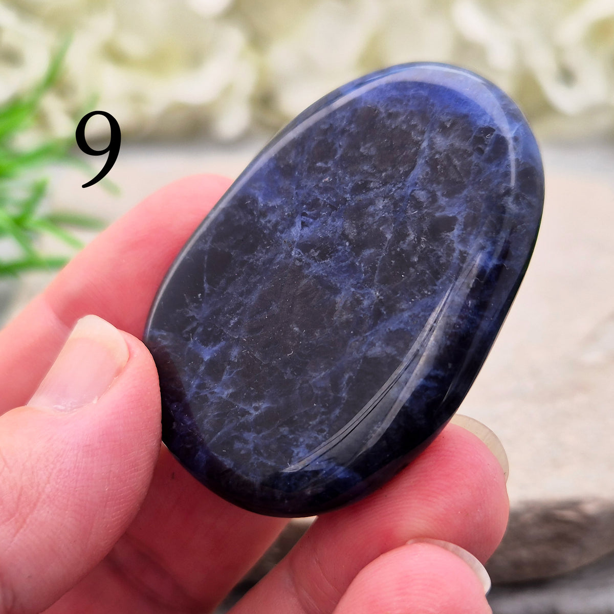 Beautiful A-grade Sodalite palm stone from Namibia. Supports clear thinking, confidence in communication, and emotional calm. Throat & Third Eye chakra crystal.