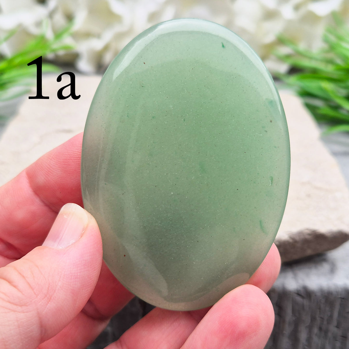 Natural Green Aventurine palm stone from Zimbabwe. Known for luck, abundance, confidence, heart healing and calming an overactive mind.