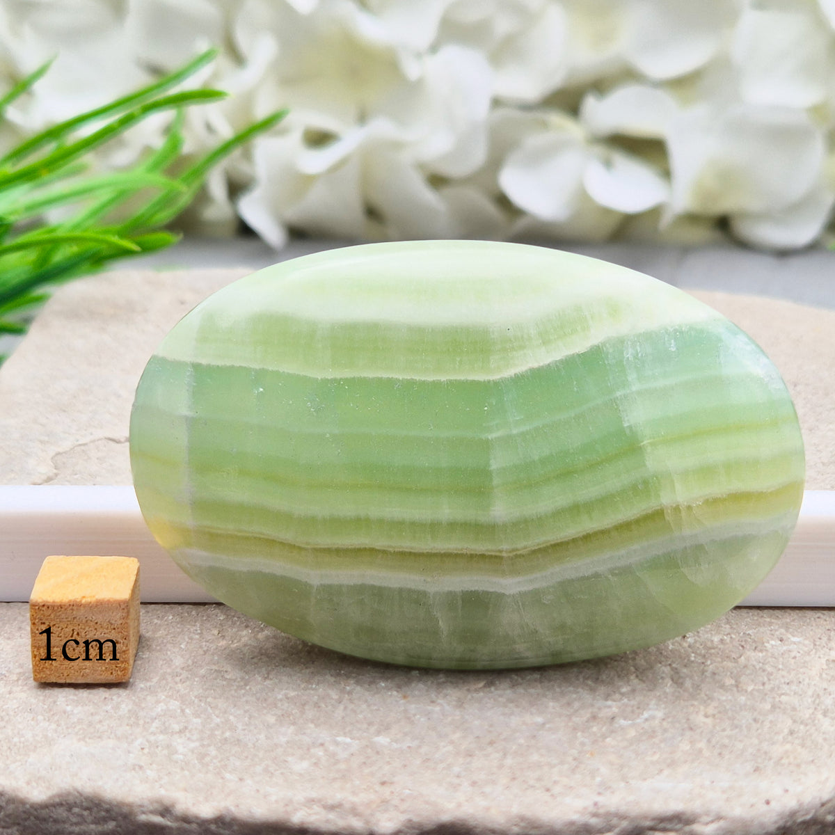 Natural Pistachio Green Calcite palm stone from Khyber Pakhtunkhwa, Pakistan. Known for calm, balance, easing stress and gentle self-compassion. 