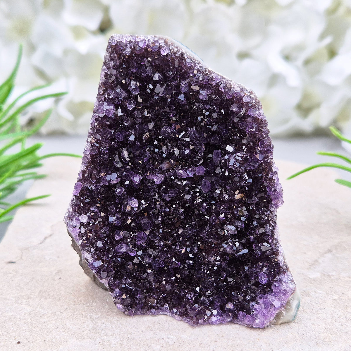Amethyst geode with sparkling deep purple points from Brazil. A self-standing display piece offering calm, clarity, protection, and strong spiritual presence.