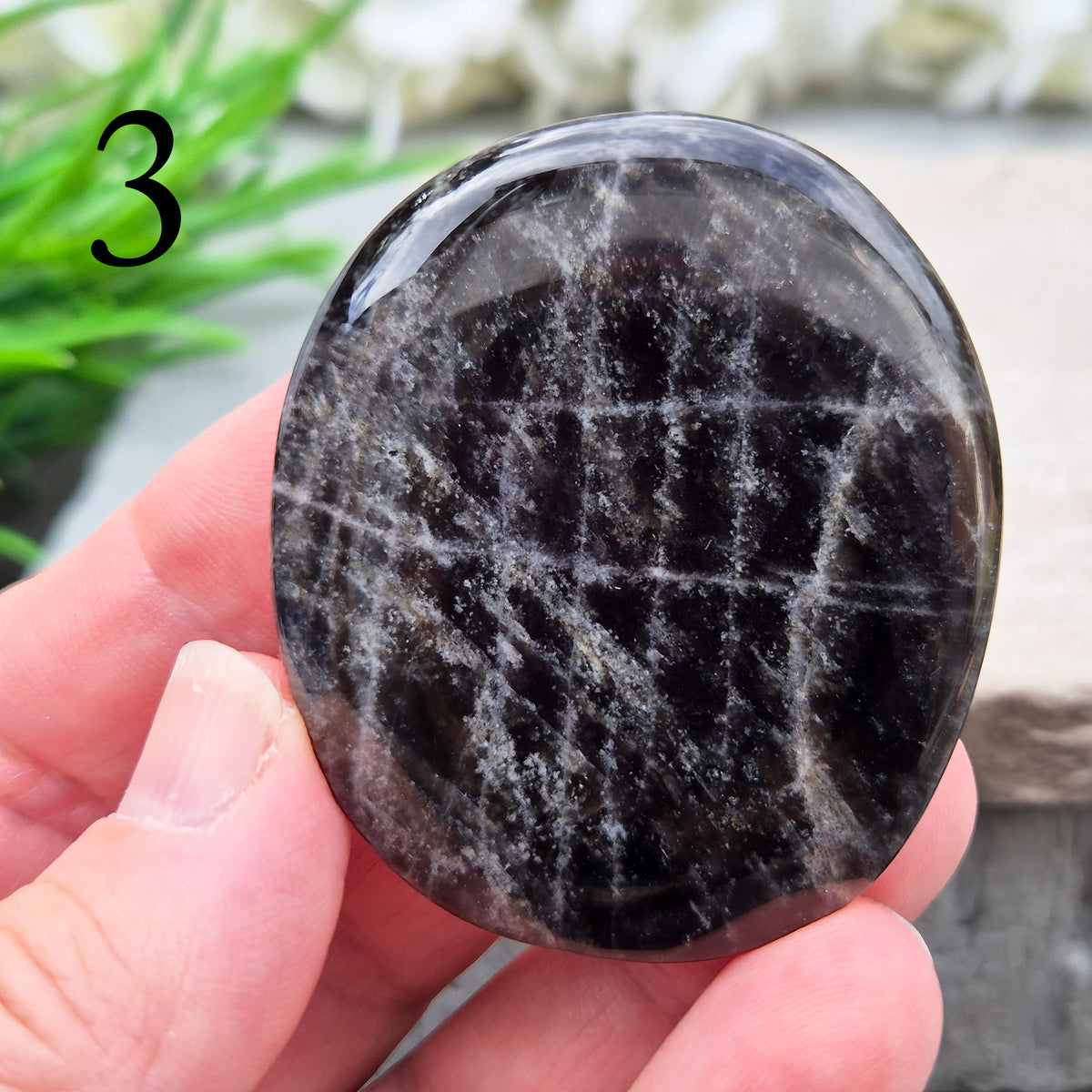 Black Moonstone Crystal Palm Stone, valued for its connection to the moon’s energy. Perfect for enhancing intuition, emotional healing, and balancing energy.