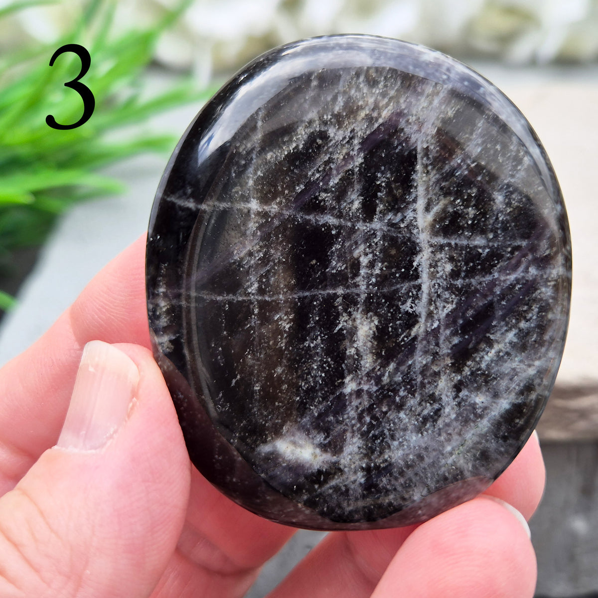 Black Moonstone Crystal Palm Stone, valued for its connection to the moon’s energy. Perfect for enhancing intuition, emotional healing, and balancing energy.