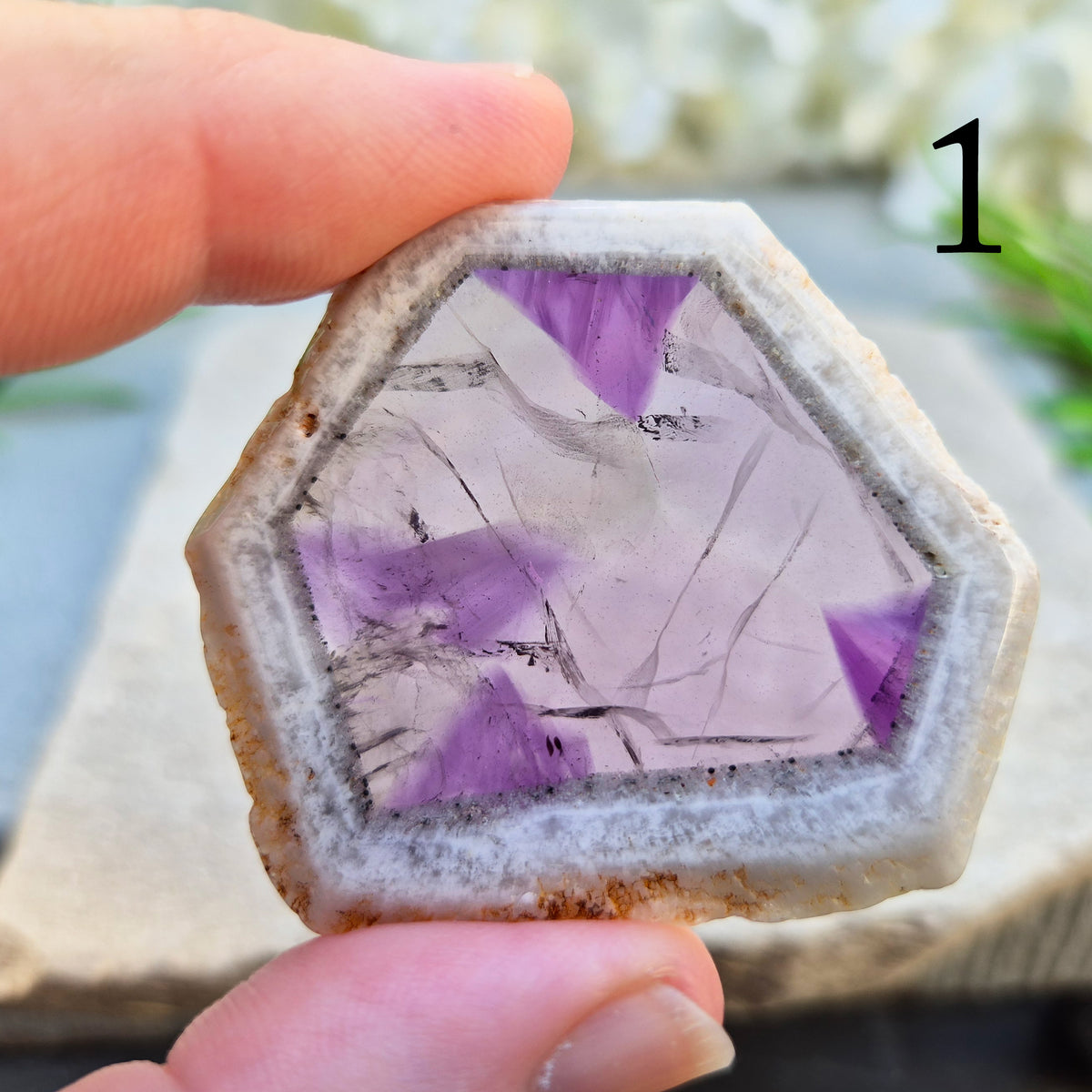 One-of-a-kind Vortex Amethyst slice with a natural trapiche-like radial pattern. Polished amethyst with unique internal colour zoning. 
