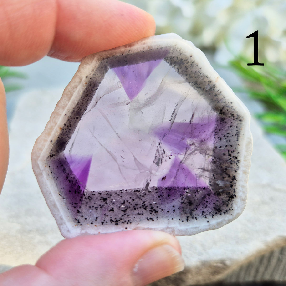 One-of-a-kind Vortex Amethyst slice with a natural trapiche-like radial pattern. Polished amethyst with unique internal colour zoning. 