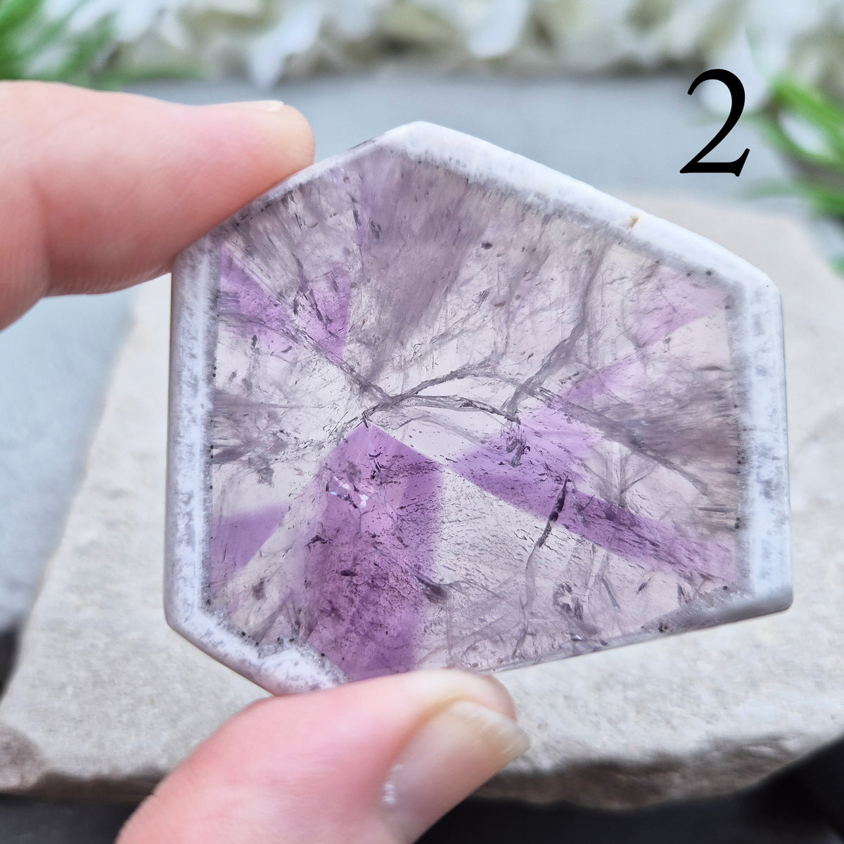 One-of-a-kind Vortex Amethyst slice with a natural trapiche-like radial pattern. Polished amethyst with unique internal colour zoning. 