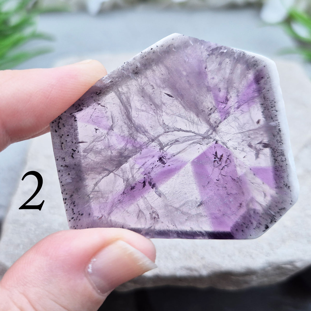 One-of-a-kind Vortex Amethyst slice with a natural trapiche-like radial pattern. Polished amethyst with unique internal colour zoning. 