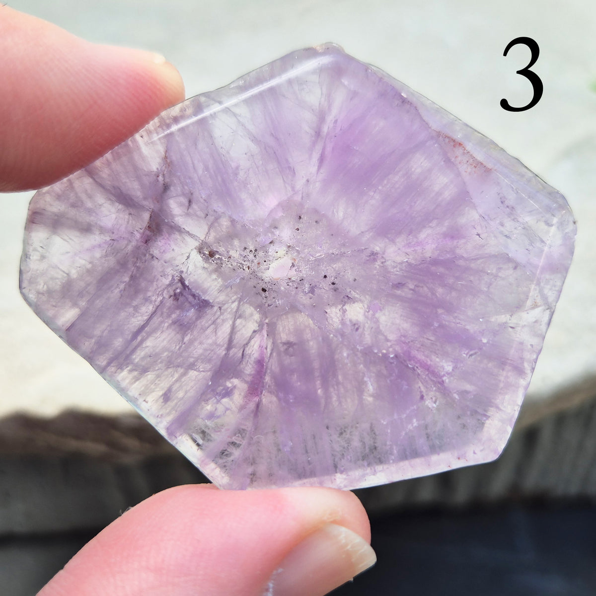 One-of-a-kind Vortex Amethyst slice with a natural trapiche-like radial pattern. Polished amethyst with unique internal colour zoning. 