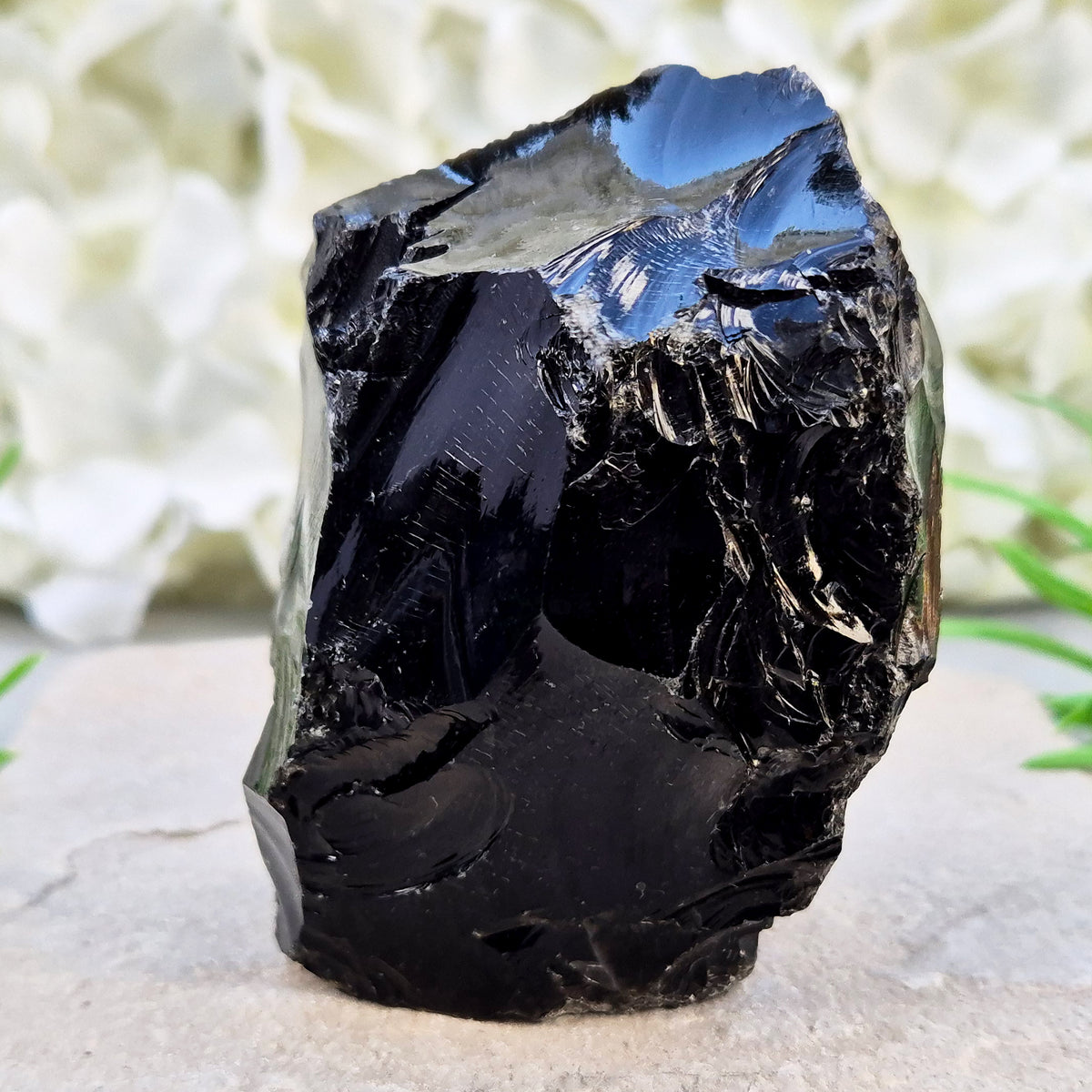 Natural black obsidian freeform from Mexico, known for its grounding presence and protective energy. A striking volcanic glass piece.