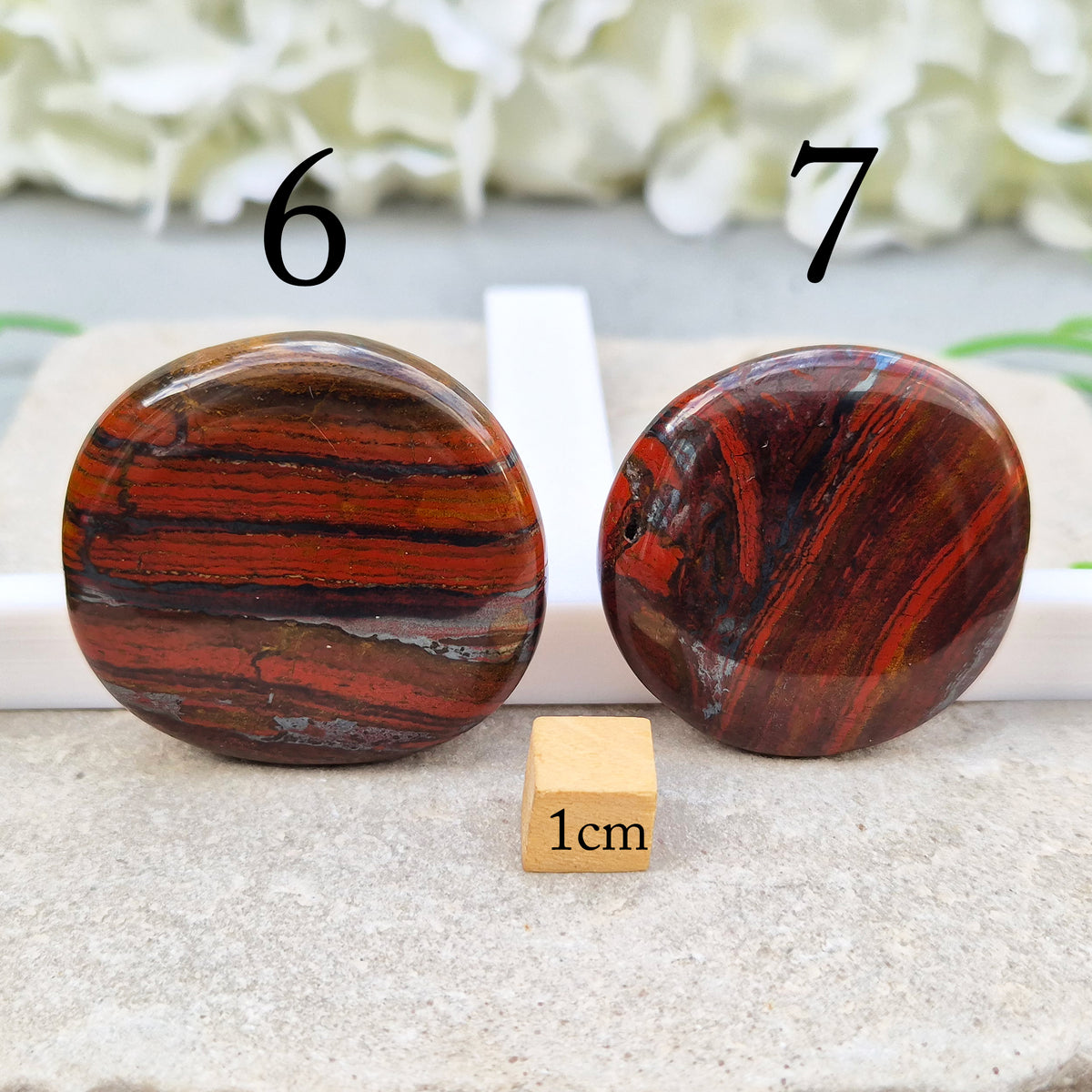 Composite Mugglestone palm stone combining Tiger Eye, Hematite & Red Jasper. Grounding, protective energy supporting focus, strength, and balance.
