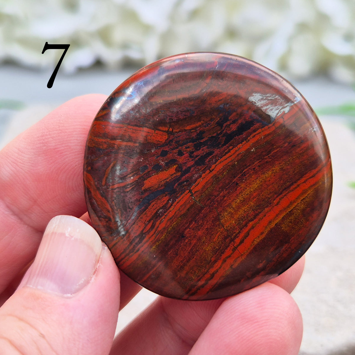 Composite Mugglestone palm stone combining Tiger Eye, Hematite & Red Jasper. Grounding, protective energy supporting focus, strength, and balance.
