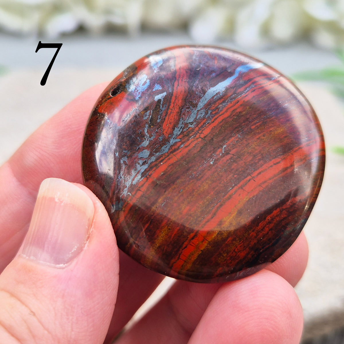 Composite Mugglestone palm stone combining Tiger Eye, Hematite & Red Jasper. Grounding, protective energy supporting focus, strength, and balance.