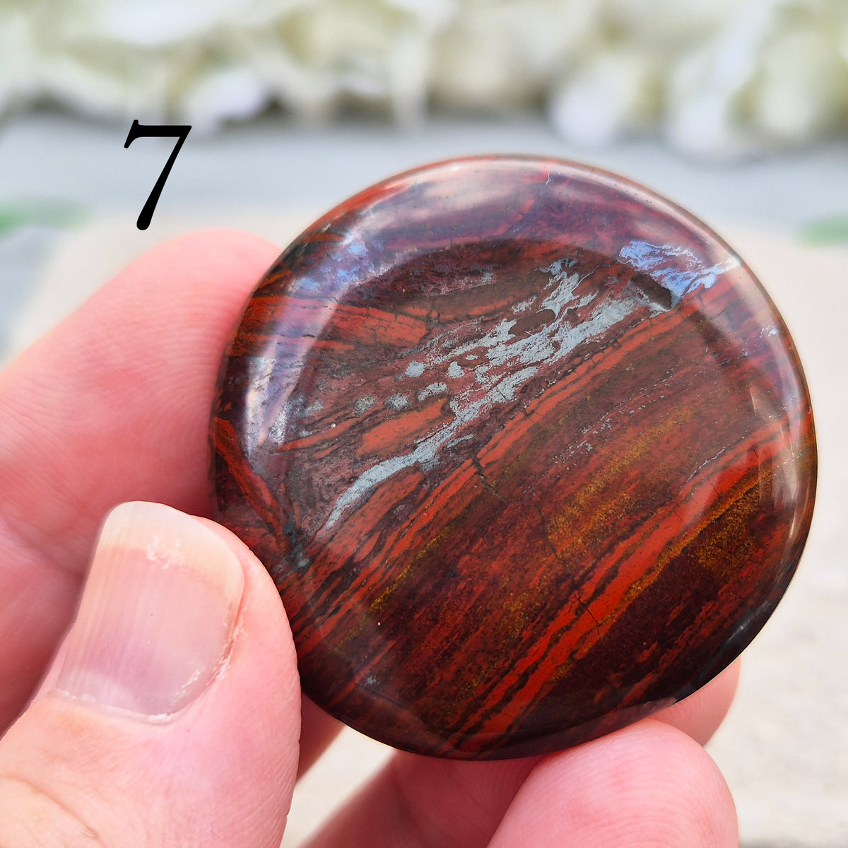 Composite Mugglestone palm stone combining Tiger Eye, Hematite & Red Jasper. Grounding, protective energy supporting focus, strength, and balance.