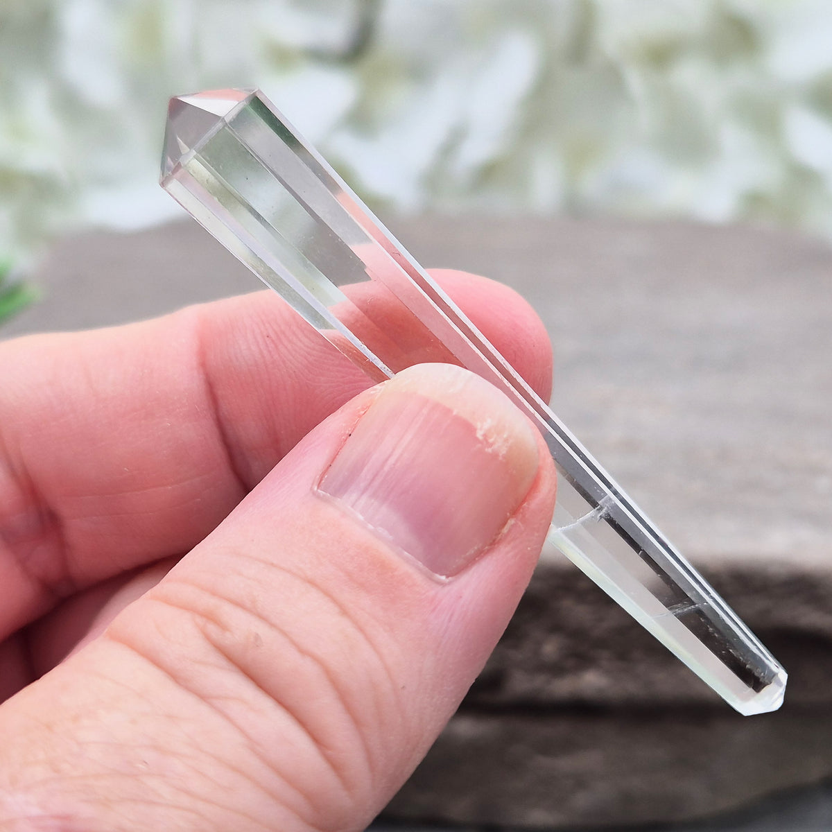 Mini 12-sided quartz wand, Vogel-style double terminated point from Brazil. Known for focus, clarity and directing energy in meditation or energy work.