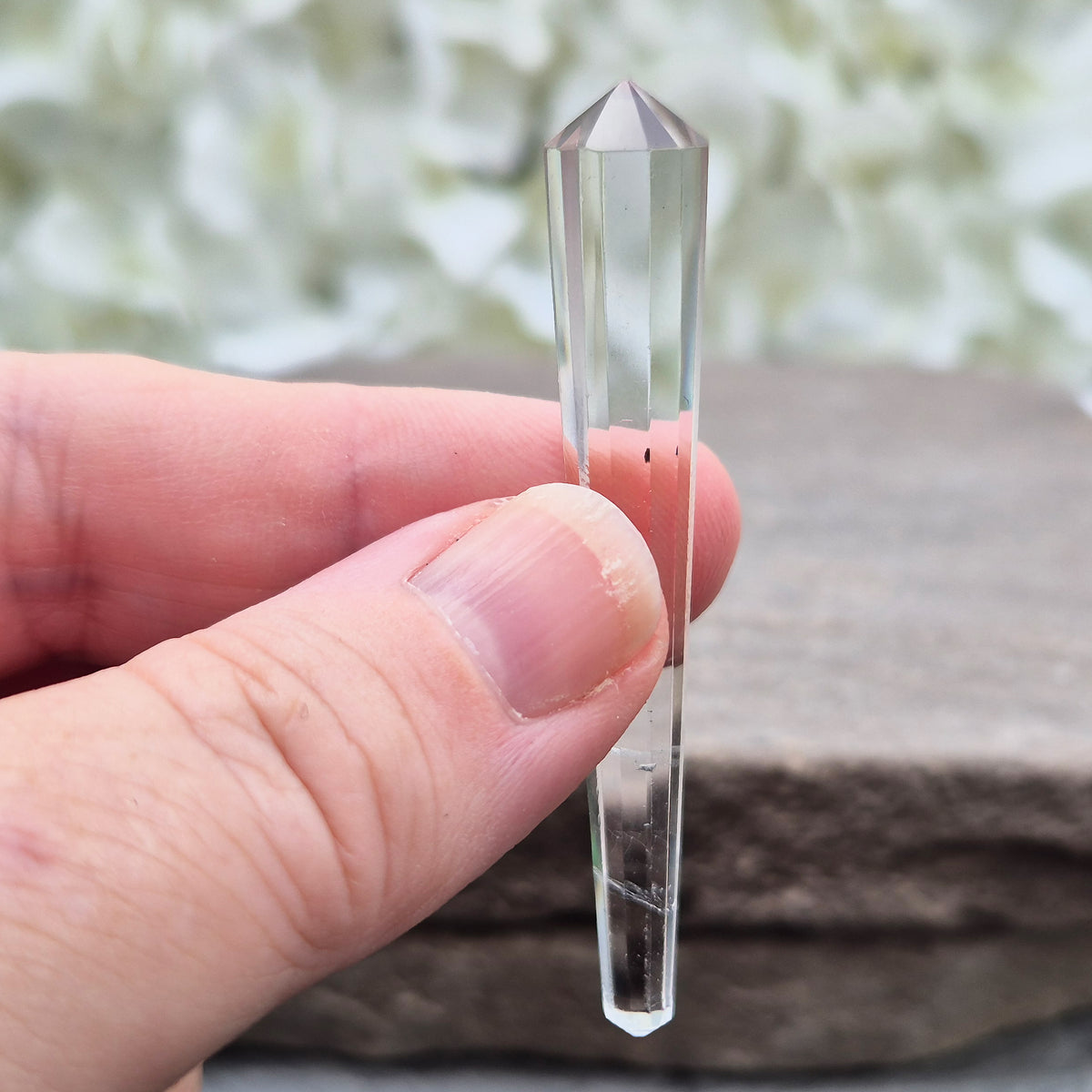 Mini 12-sided quartz wand, Vogel-style double terminated point from Brazil. Known for focus, clarity and directing energy in meditation or energy work.
