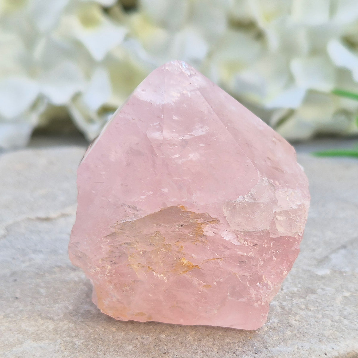 Pink Rose Quartz standing point from Brazil. Promotes self-love, calm, and emotional healing. Perfect for display, meditation, or heart chakra work.