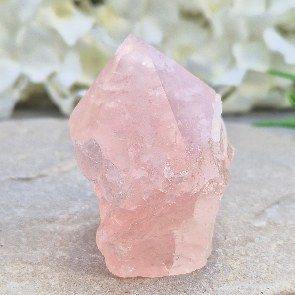 Pink Rose Quartz standing point from Brazil. Promotes self-love, calm, and emotional healing. Perfect for display, meditation, or heart chakra work.