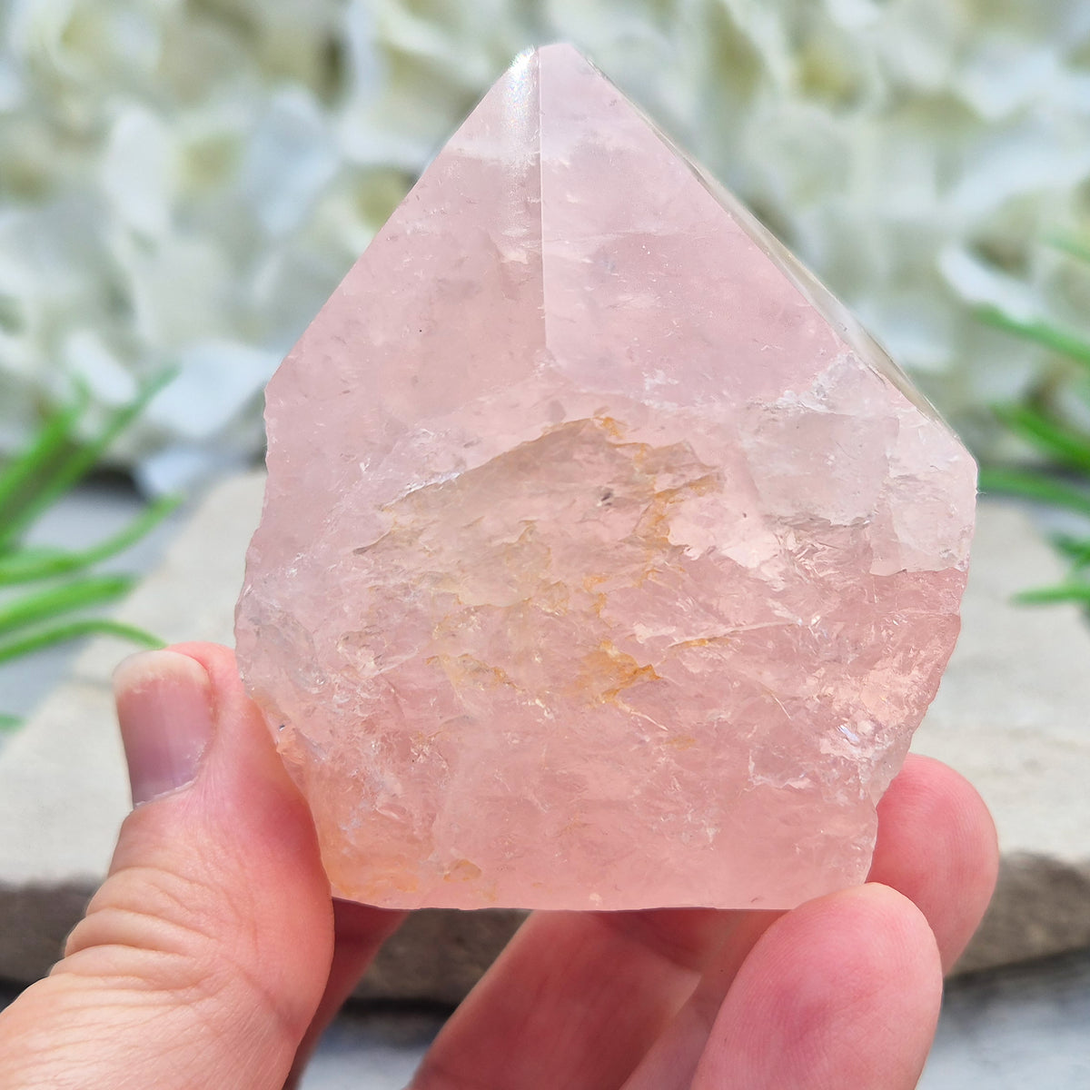 Pink Rose Quartz standing point from Brazil. Promotes self-love, calm, and emotional healing. Perfect for display, meditation, or heart chakra work.
