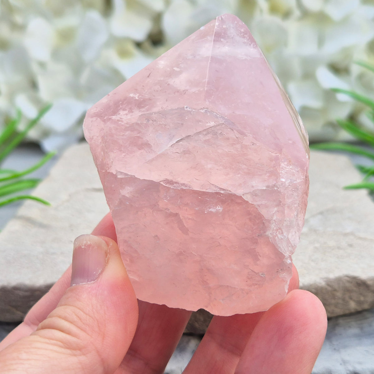 Pink Rose Quartz standing point from Brazil. Promotes self-love, calm, and emotional healing. Perfect for display, meditation, or heart chakra work.