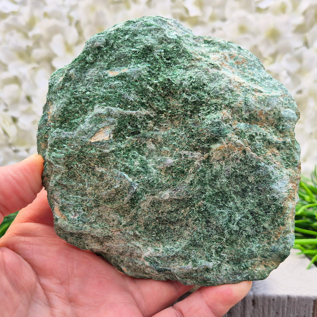 Natural Fuchsite crystal with a soft green shimmer. A calming stone often used to support emotional balance, heart energy and gentle renewal.