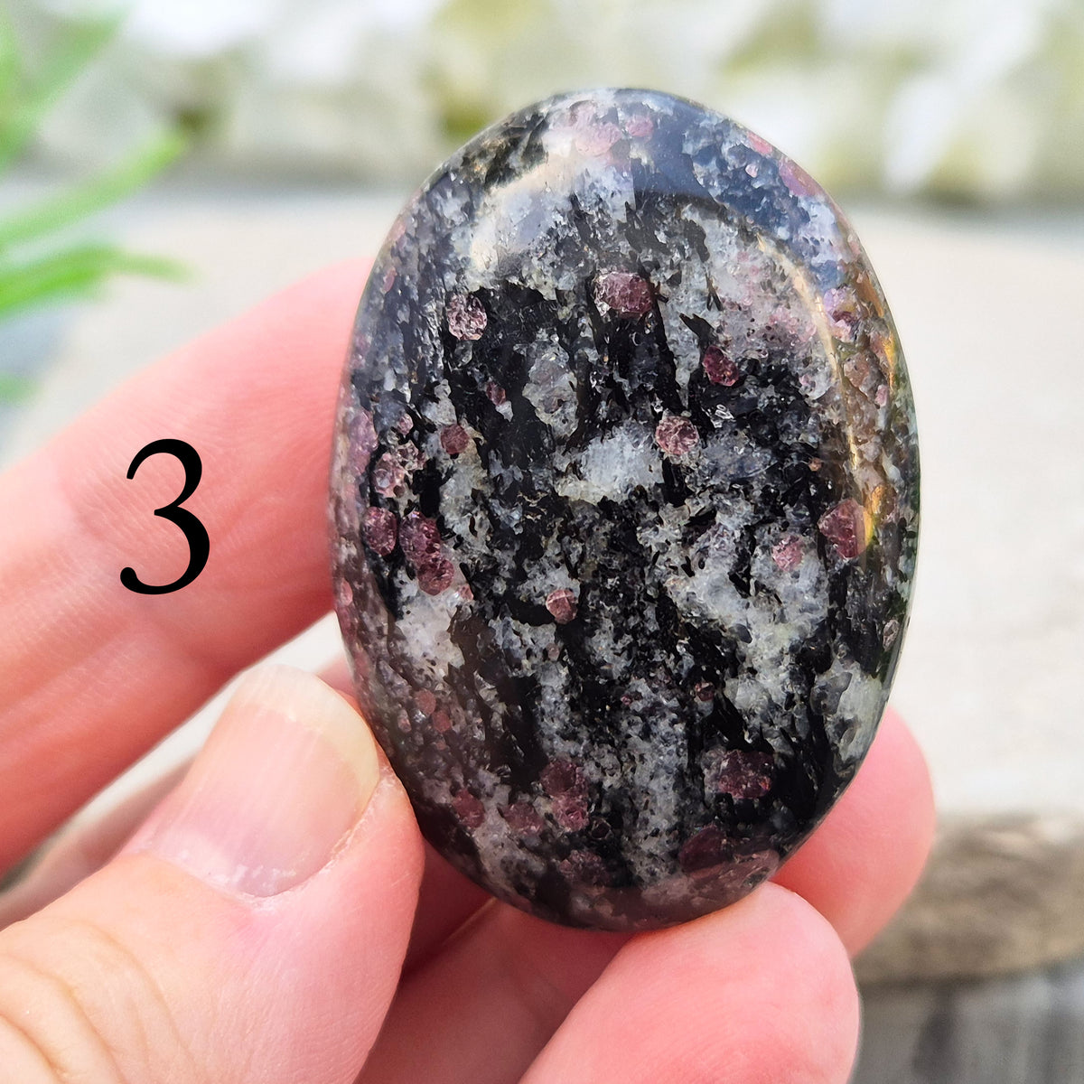 red Garnet in Black Tourmaline palm stone — naturally formed, said to bring grounding, courage and inner strength.