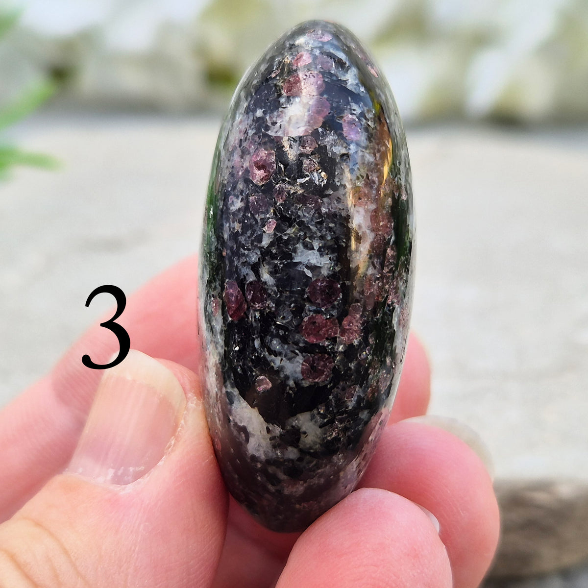 red Garnet in Black Tourmaline palm stone — naturally formed, said to bring grounding, courage and inner strength.