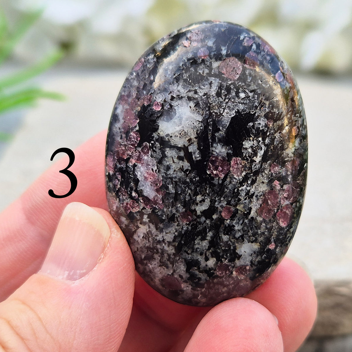 red Garnet in Black Tourmaline palm stone — naturally formed, said to bring grounding, courage and inner strength.
